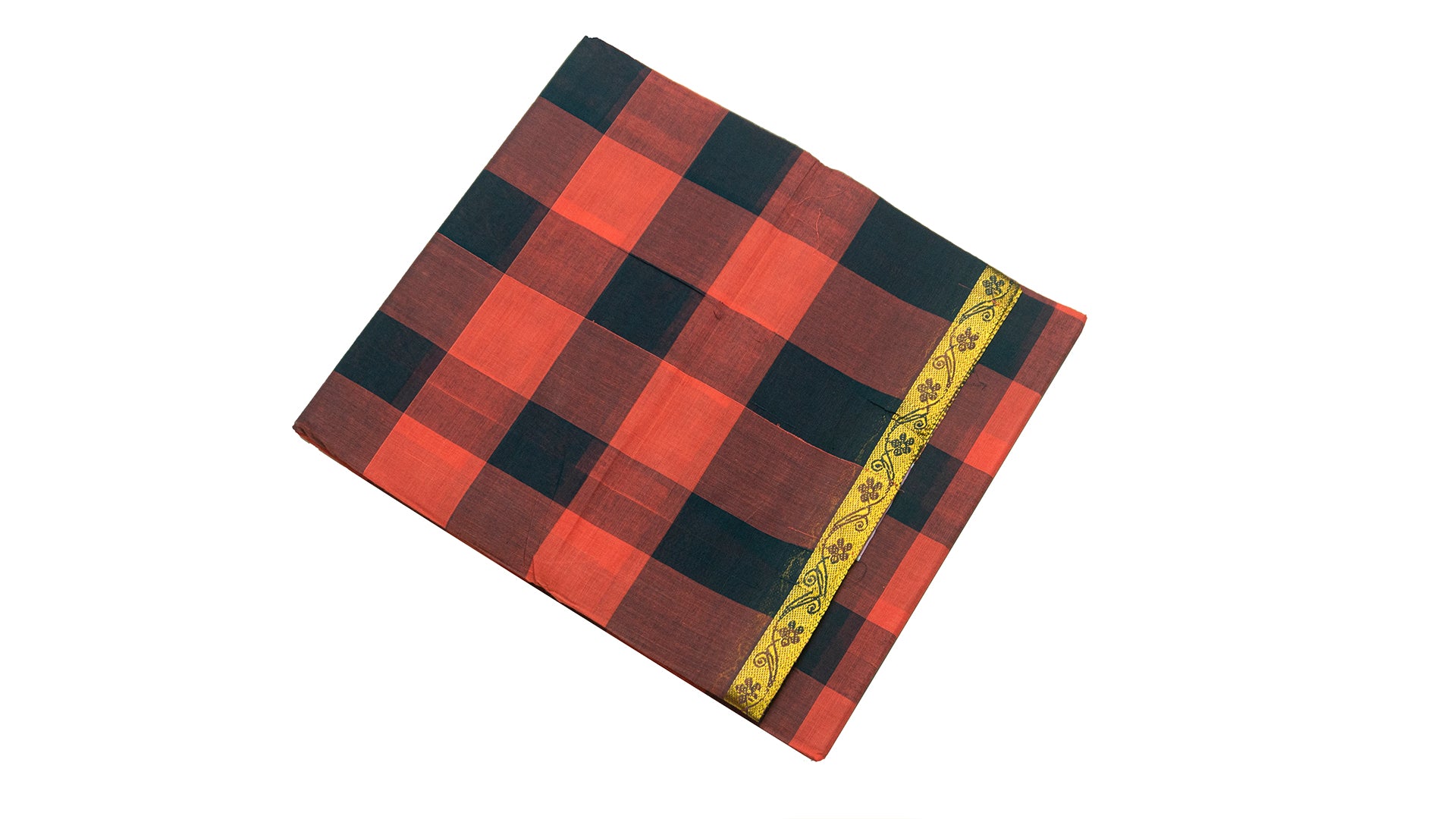 39421 Pure Cotton Saree narrow Zari border multicolour checks Orange and Black
