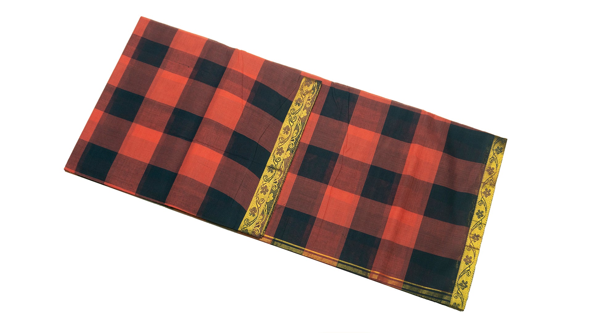 39421 Pure Cotton Saree narrow Zari border multicolour checks Orange and Black