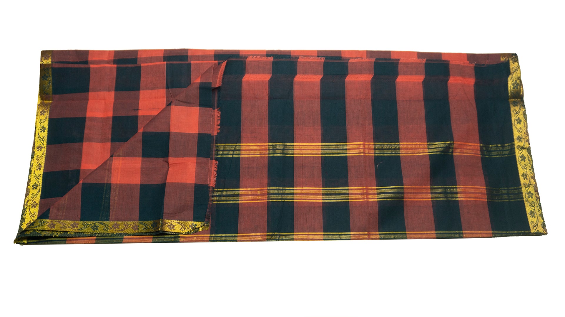 39421 Pure Cotton Saree narrow Zari border multicolour checks Orange and Black