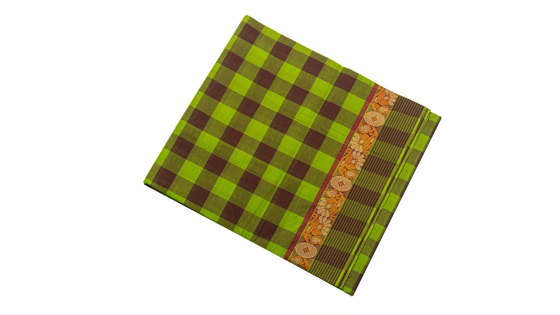 39462 Pure Cotton Saree  thread border multicolour checks Green and Brown Mix