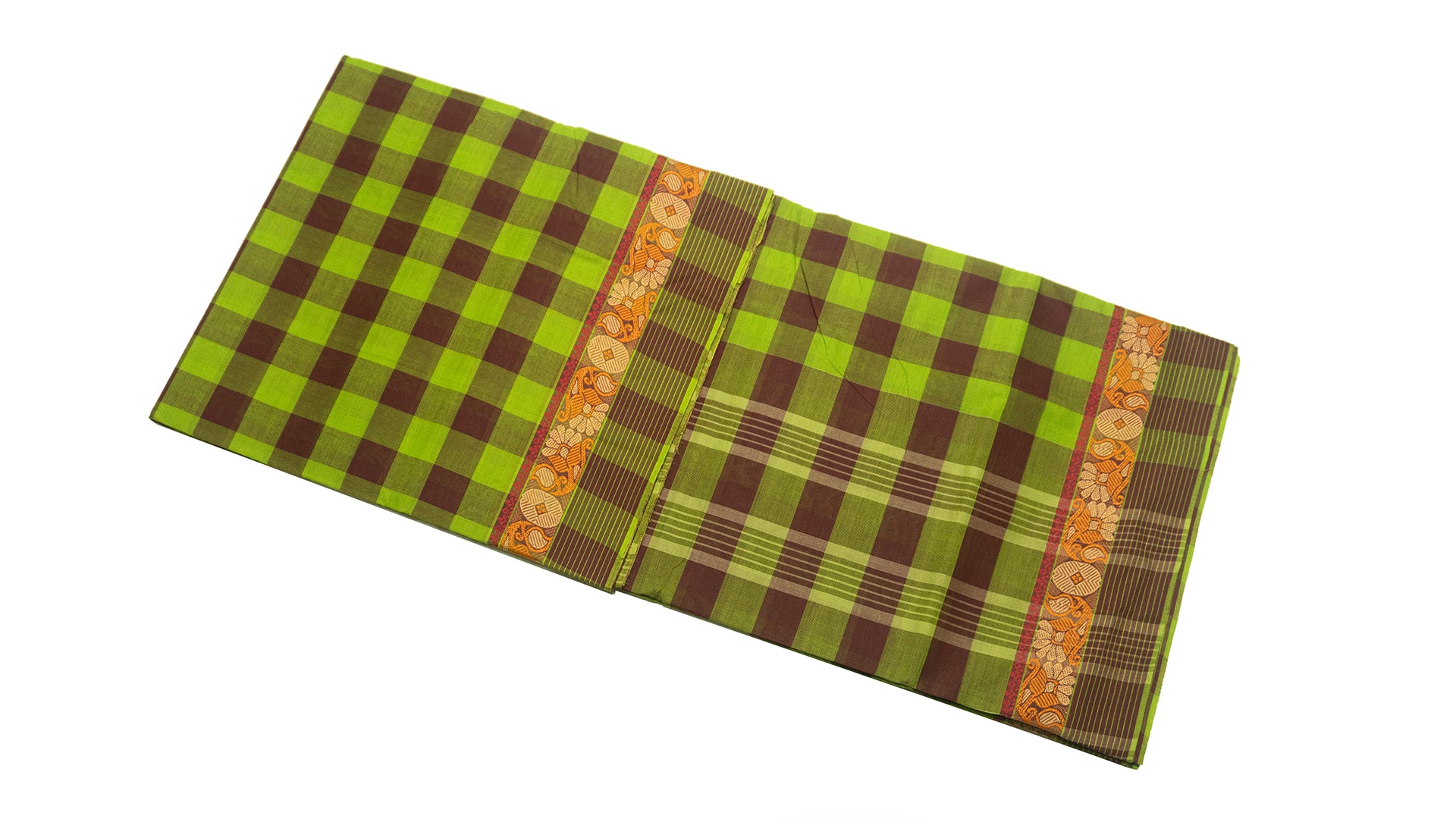 39462 Pure Cotton Saree  thread border multicolour checks Green and Brown Mix