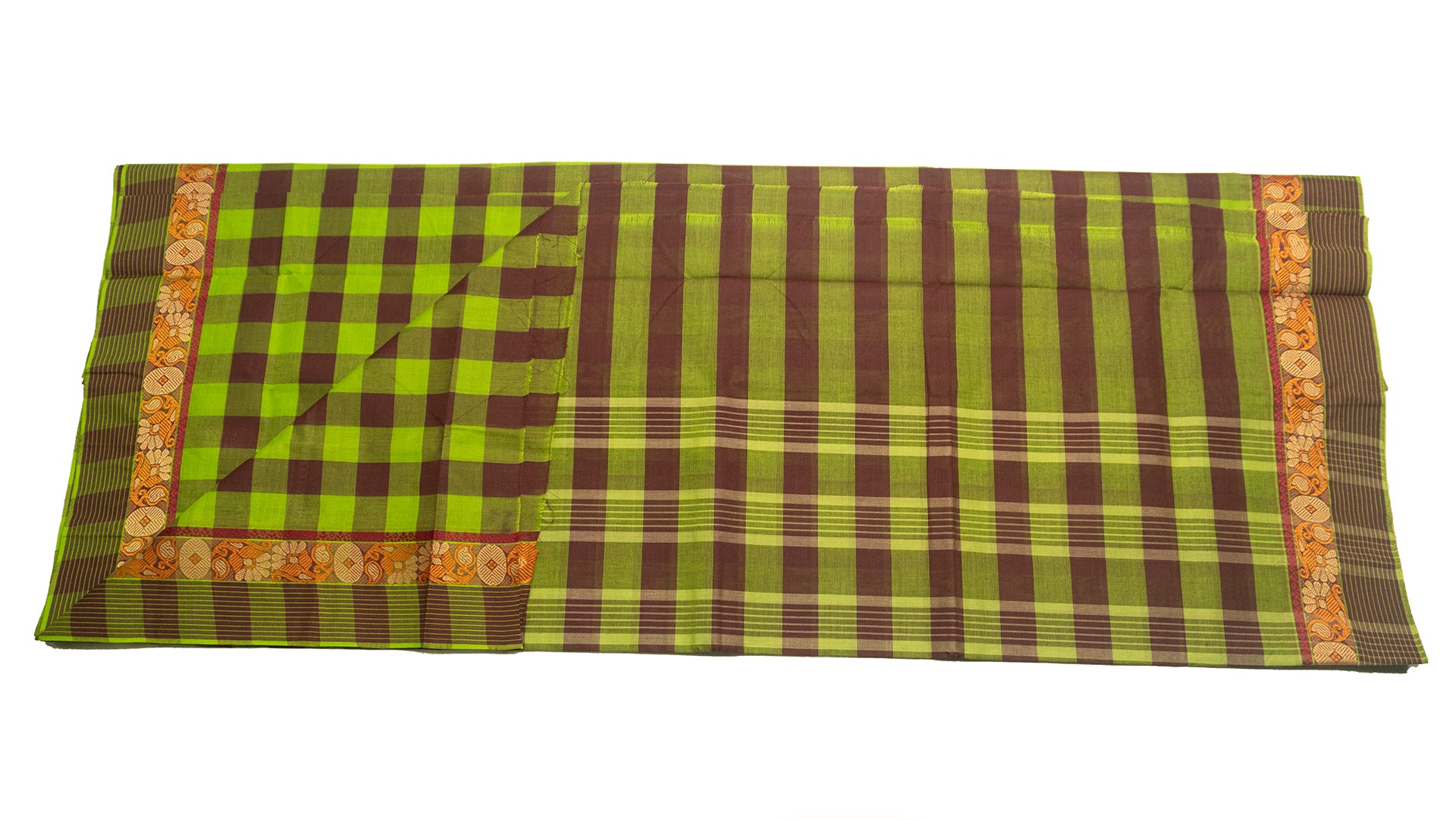 39462 Pure Cotton Saree  thread border multicolour checks Green and Brown Mix