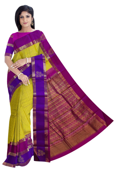 17061  Pure Silk 6.20 mtrs, Fancy magenta and violet border,Mustard body with Blouse