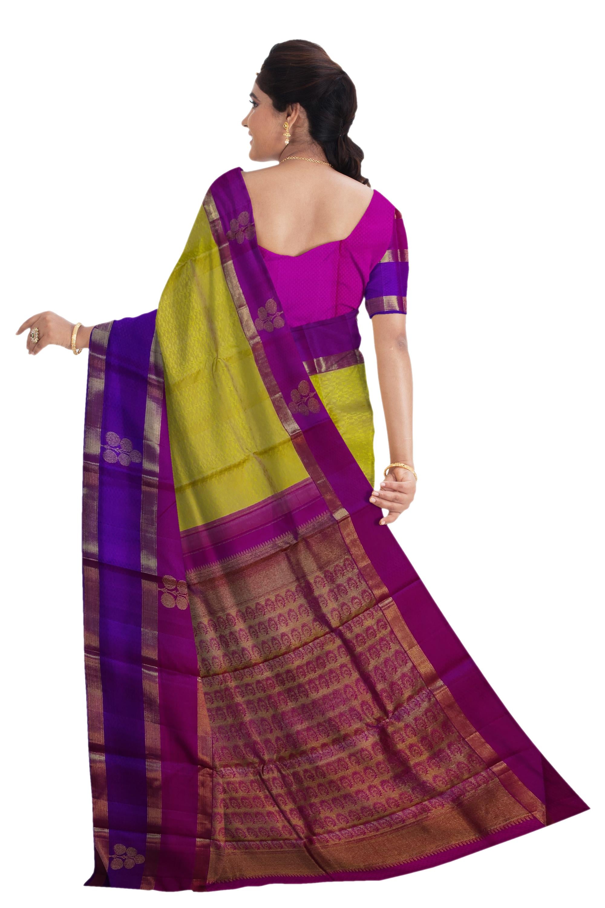 17061  Pure Silk 6.20 mtrs, Fancy magenta and violet border,Mustard body with Blouse