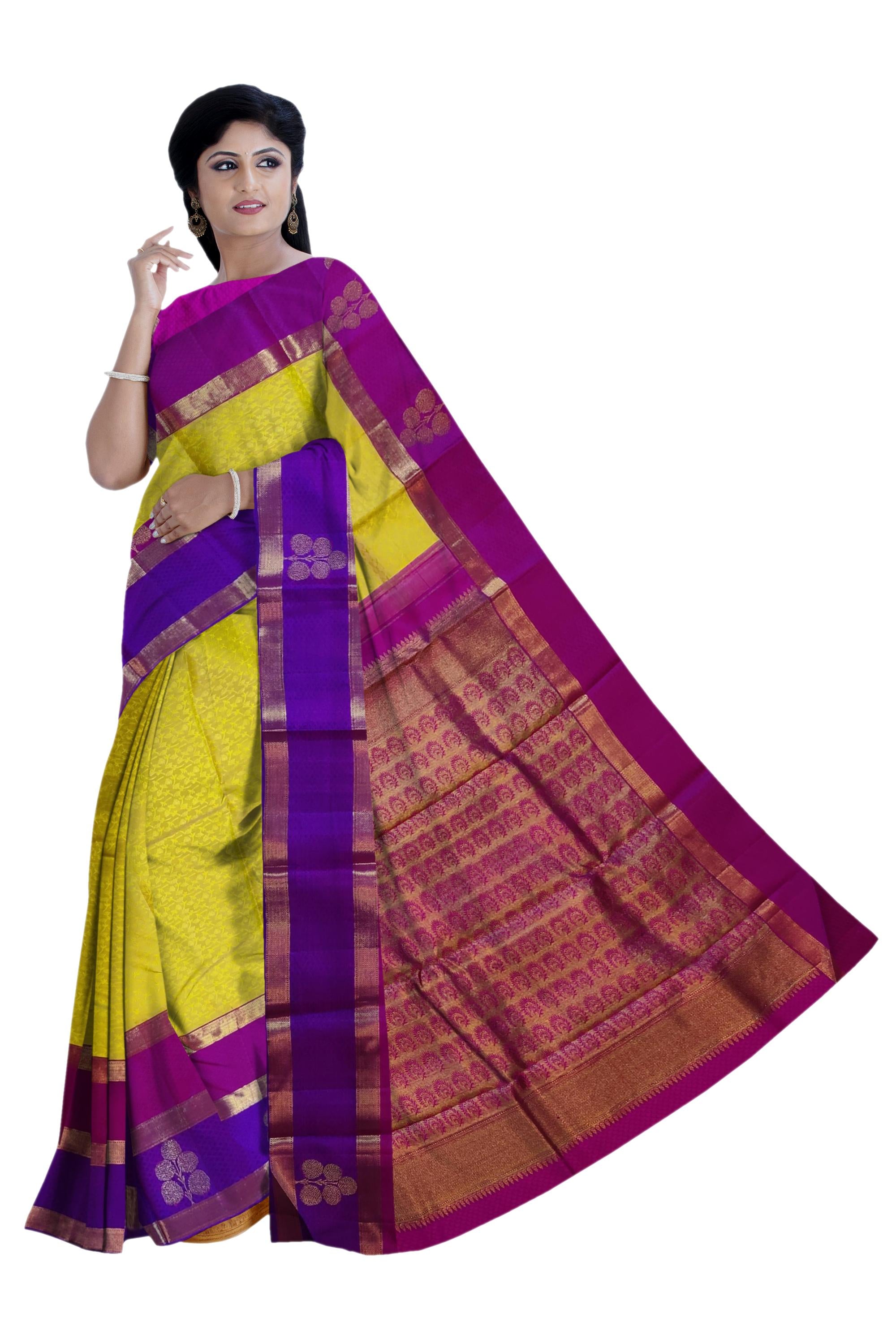 17061  Pure Silk 6.20 mtrs, Fancy magenta and violet border,Mustard body with Blouse