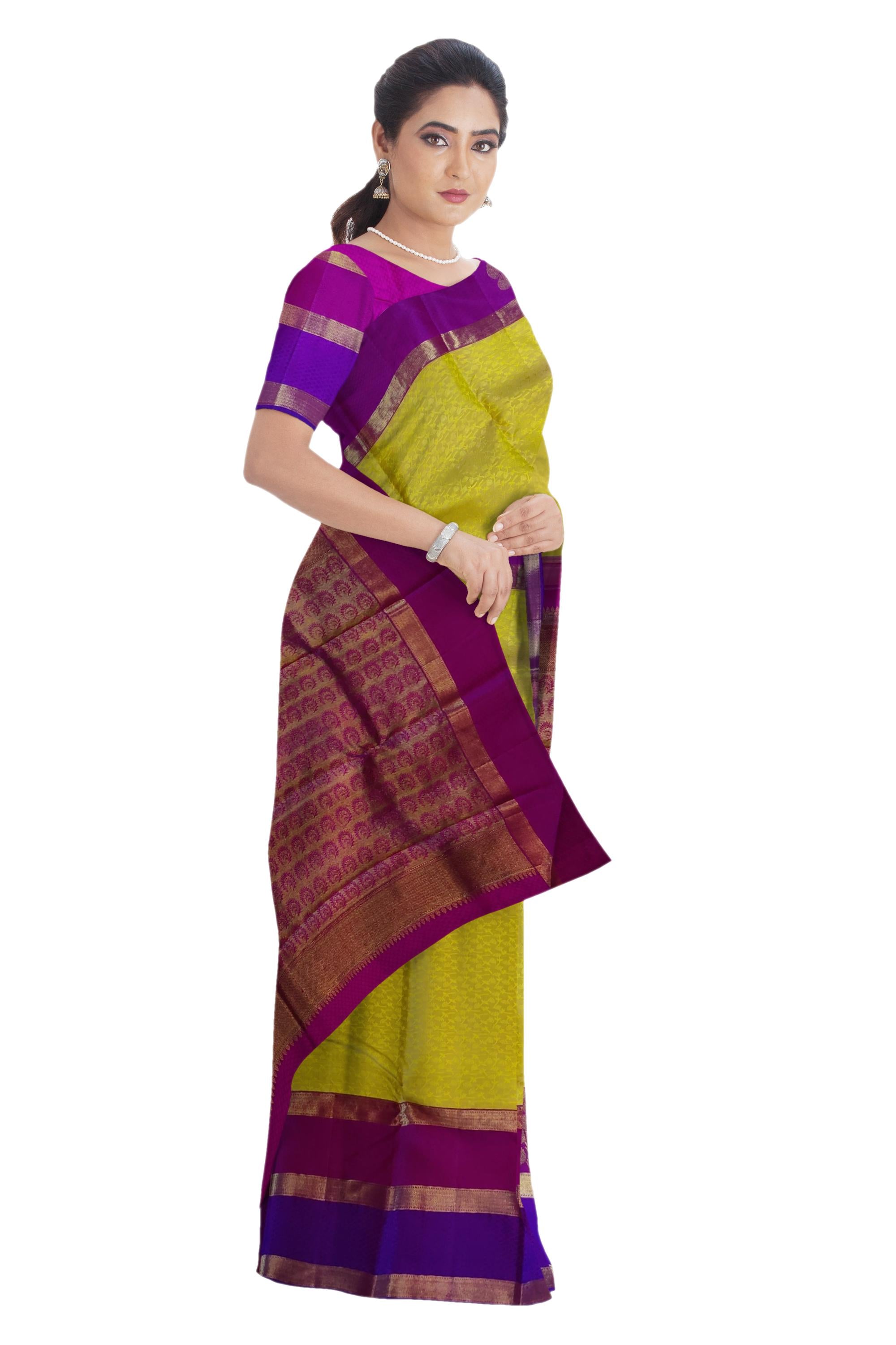 17061  Pure Silk 6.20 mtrs, Fancy magenta and violet border,Mustard body with Blouse