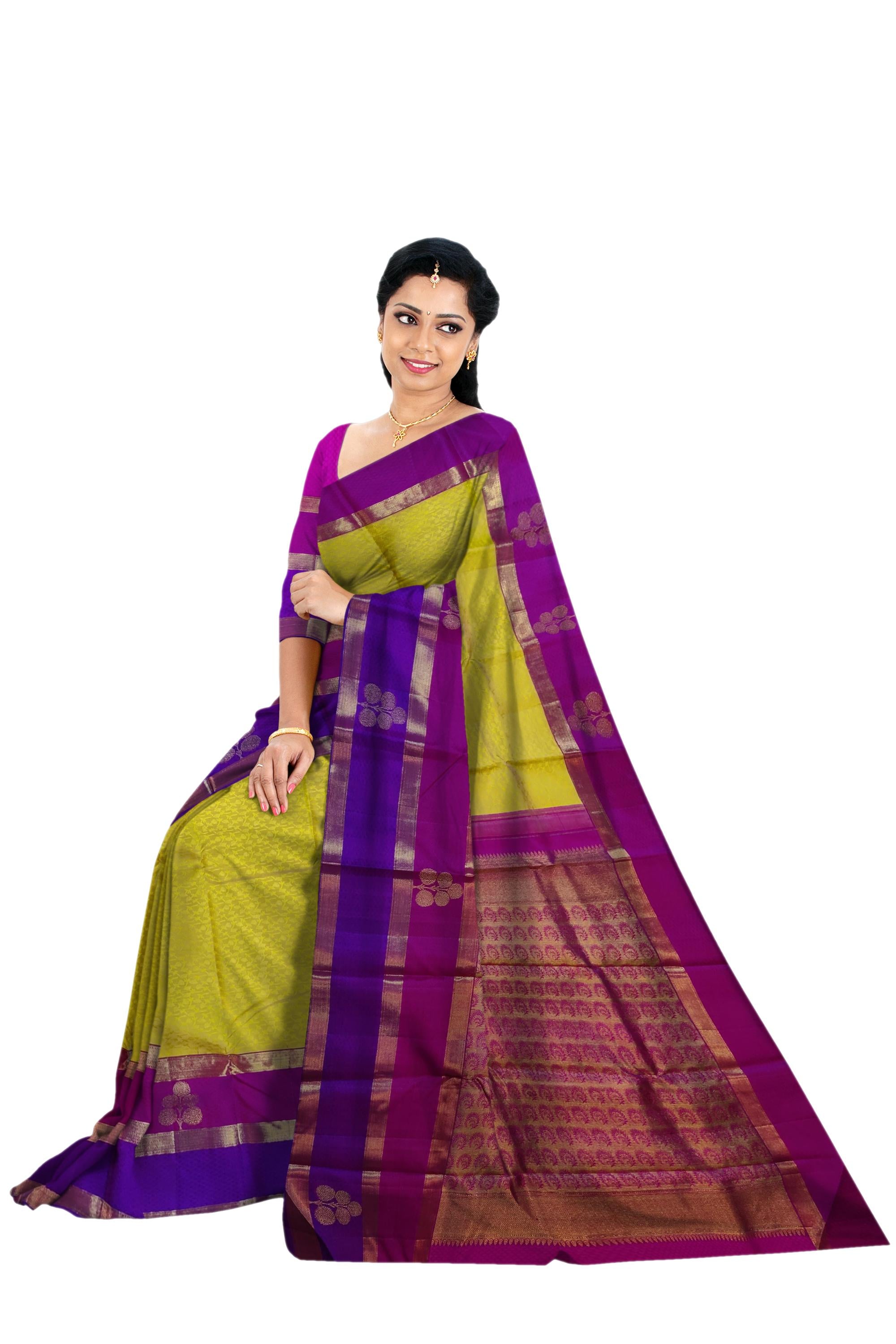 17061  Pure Silk 6.20 mtrs, Fancy magenta and violet border,Mustard body with Blouse