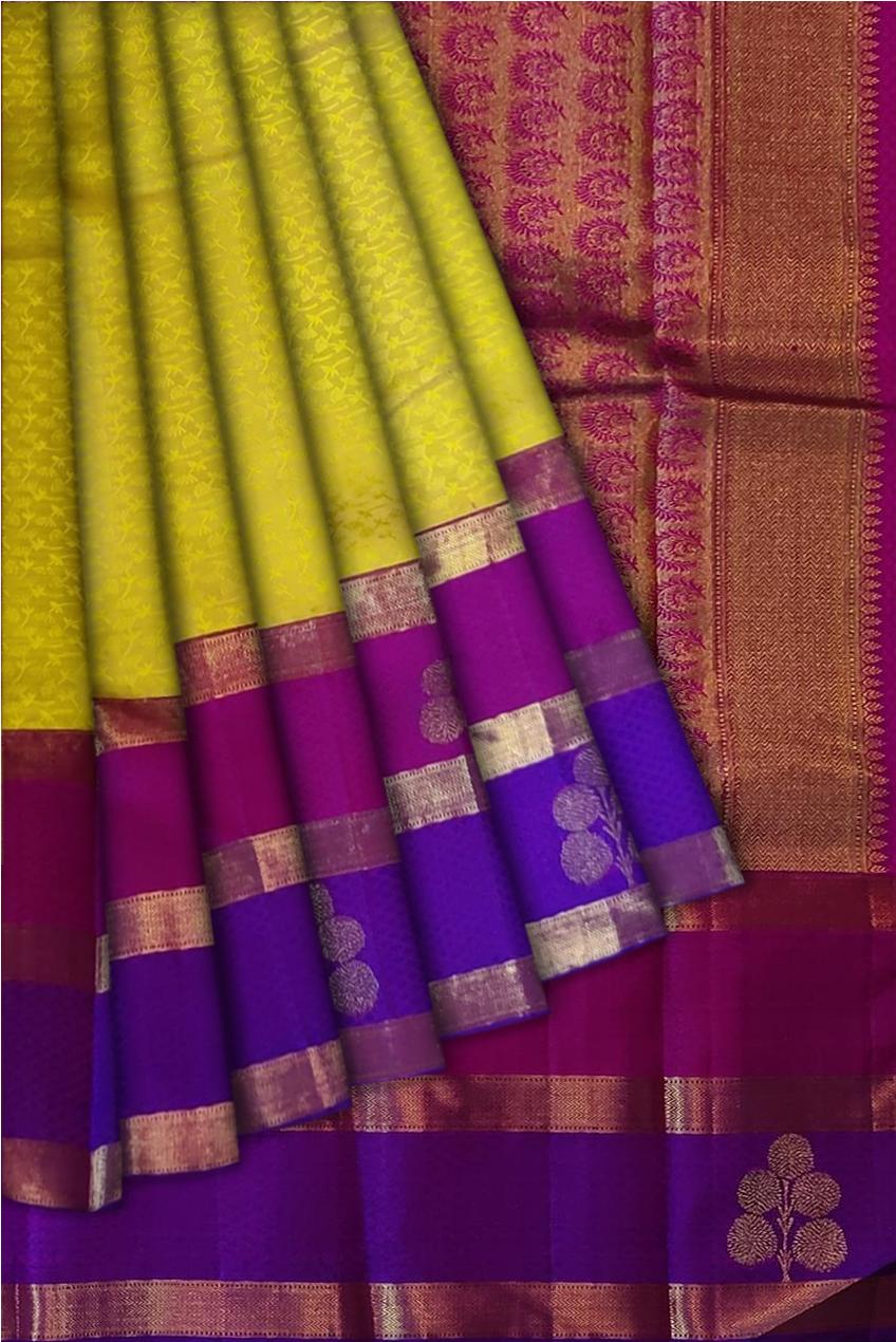 17061  Pure Silk 6.20 mtrs, Fancy magenta and violet border,Mustard body with Blouse