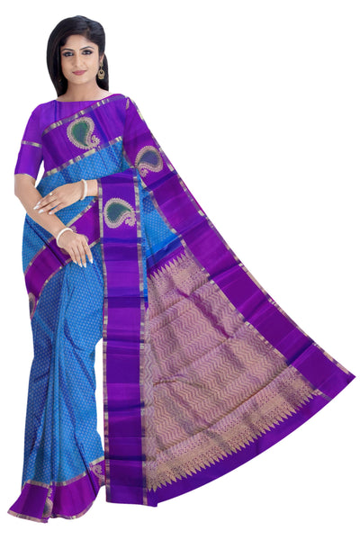 17068  Pure Silk 6.20 mtrs, Emboss Body, Violet border with Blue Body with Blouse