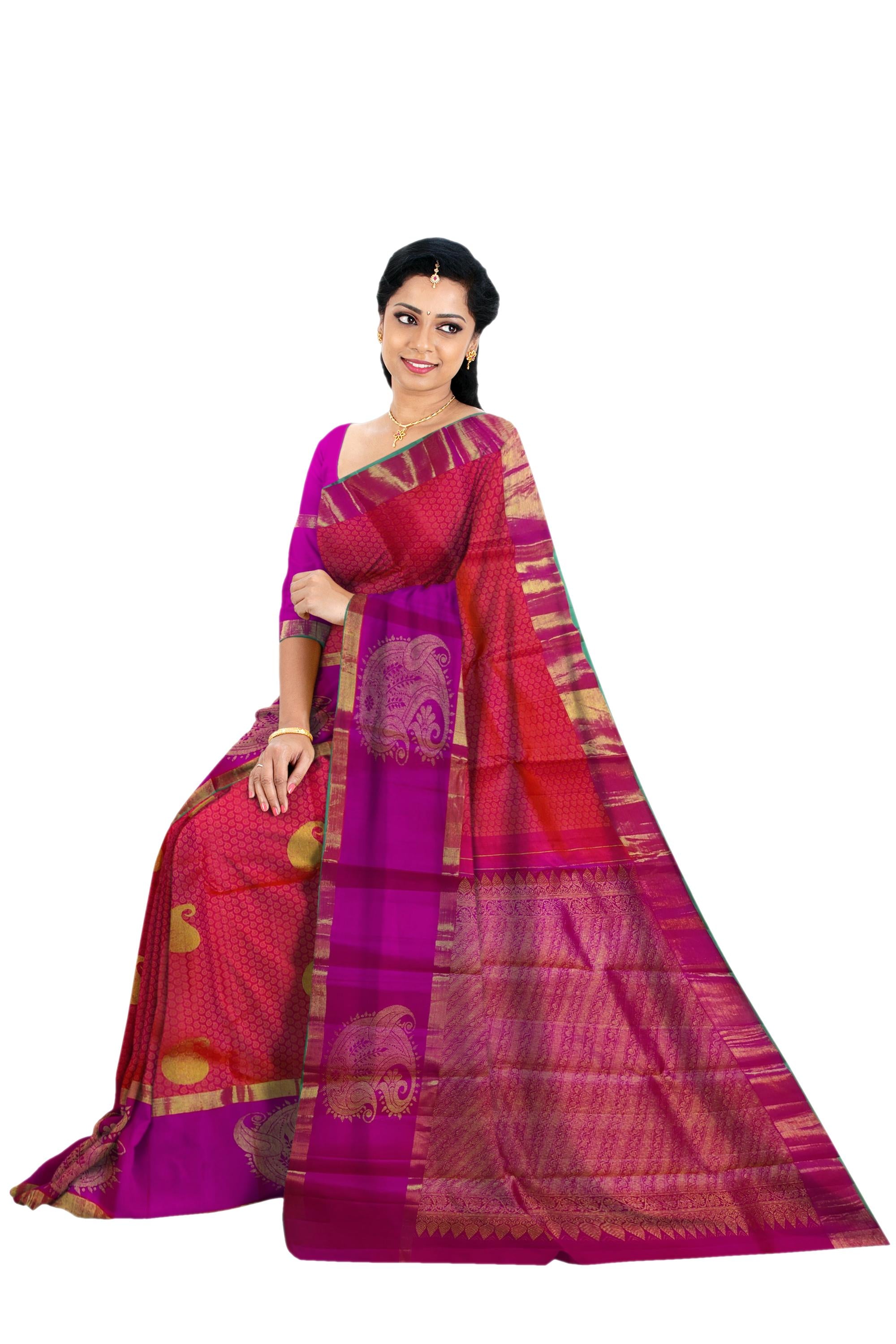 17074  Pure Silk 6.20 mtrs, Emboss Body, Magenta border with Pink Body with Blouse