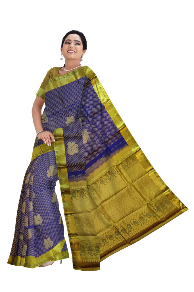 17056 Pure Silk 6.20 mtrs, Emboss Body, Gold color border with Navy Blue-Violet Body with Blouse