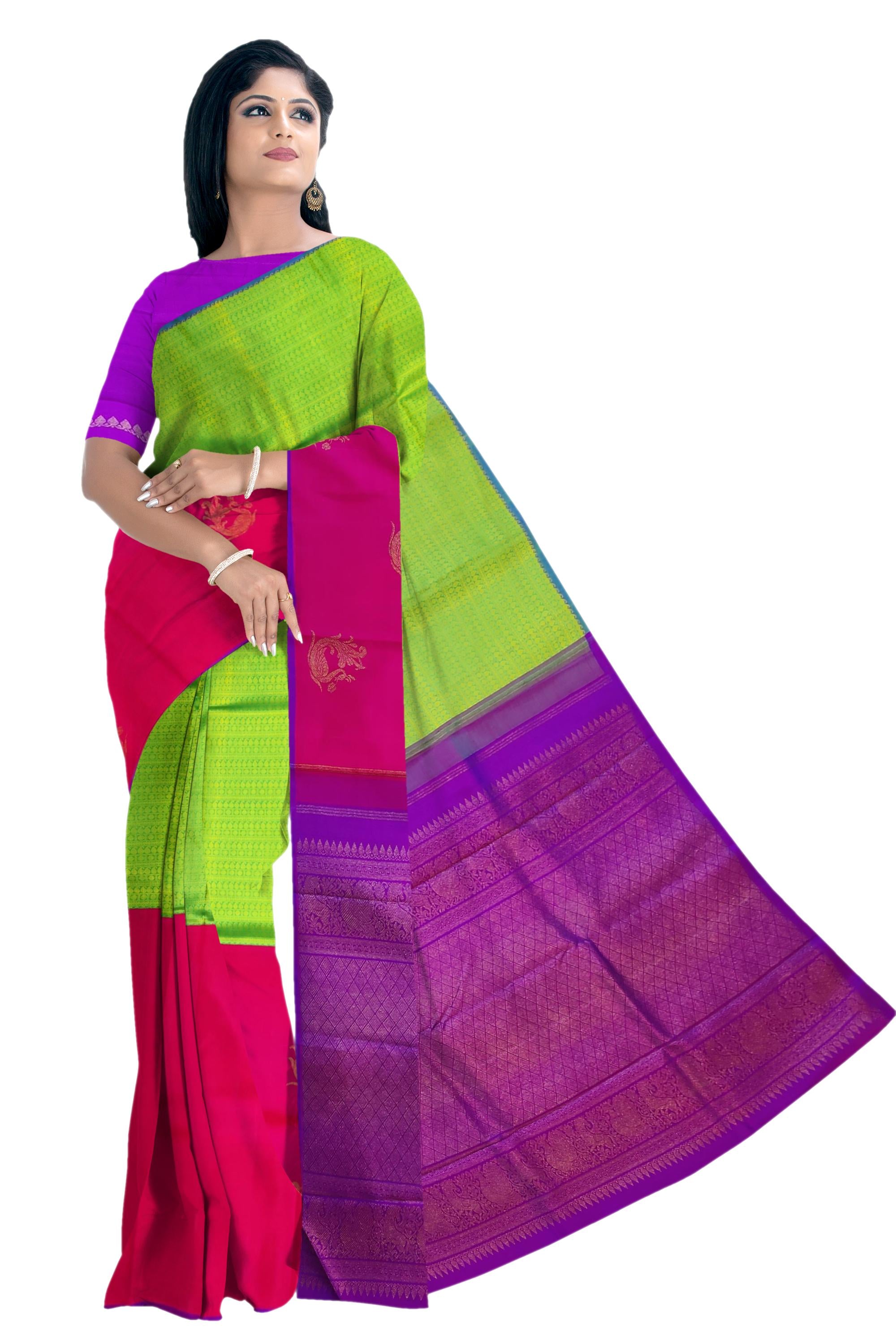 17495 Pure Silk 6.20 mtrs, Half and Half, Parrot Green with Pink with Blouse