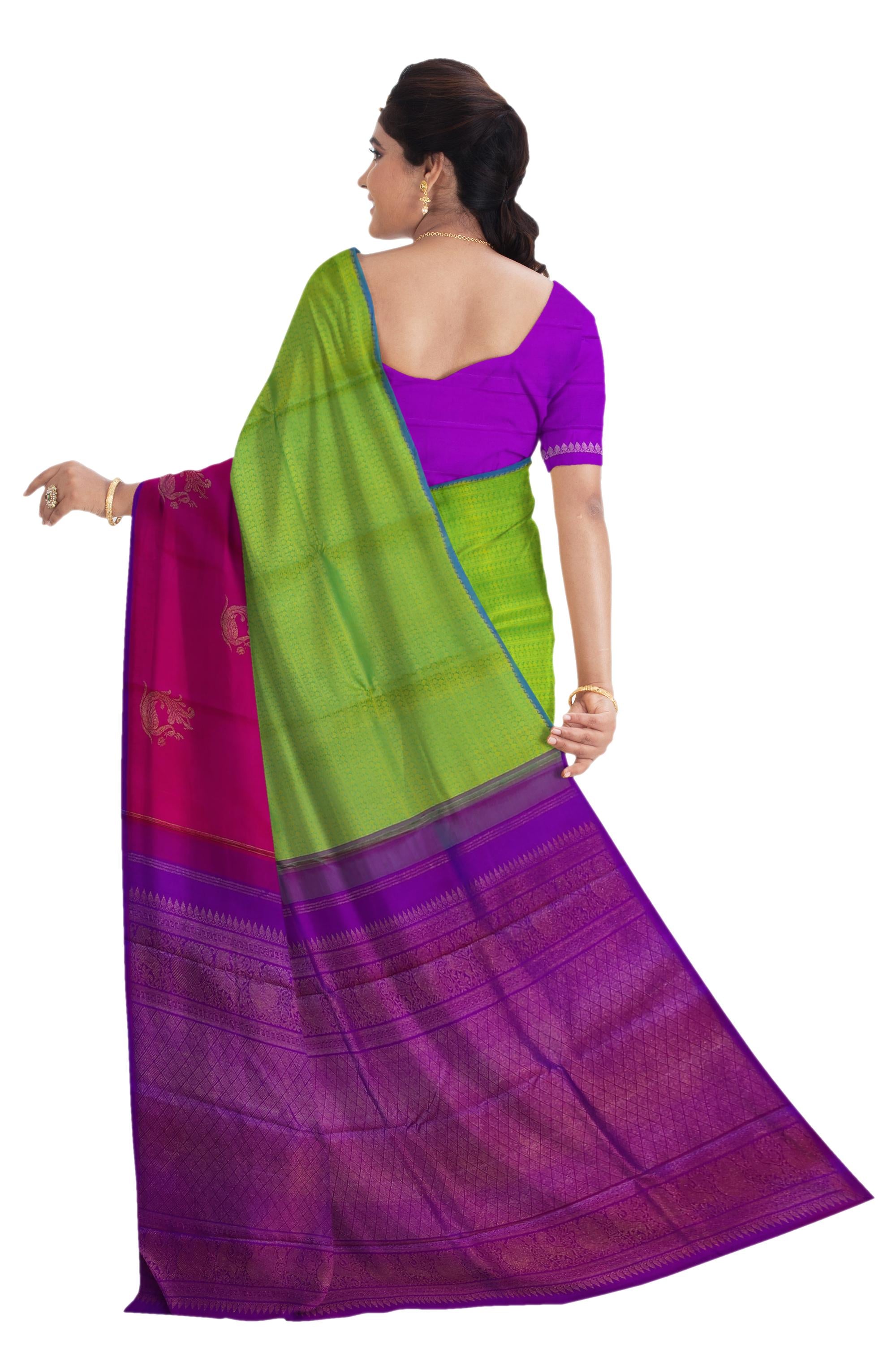 17495 Pure Silk 6.20 mtrs, Half and Half, Parrot Green with Pink with Blouse