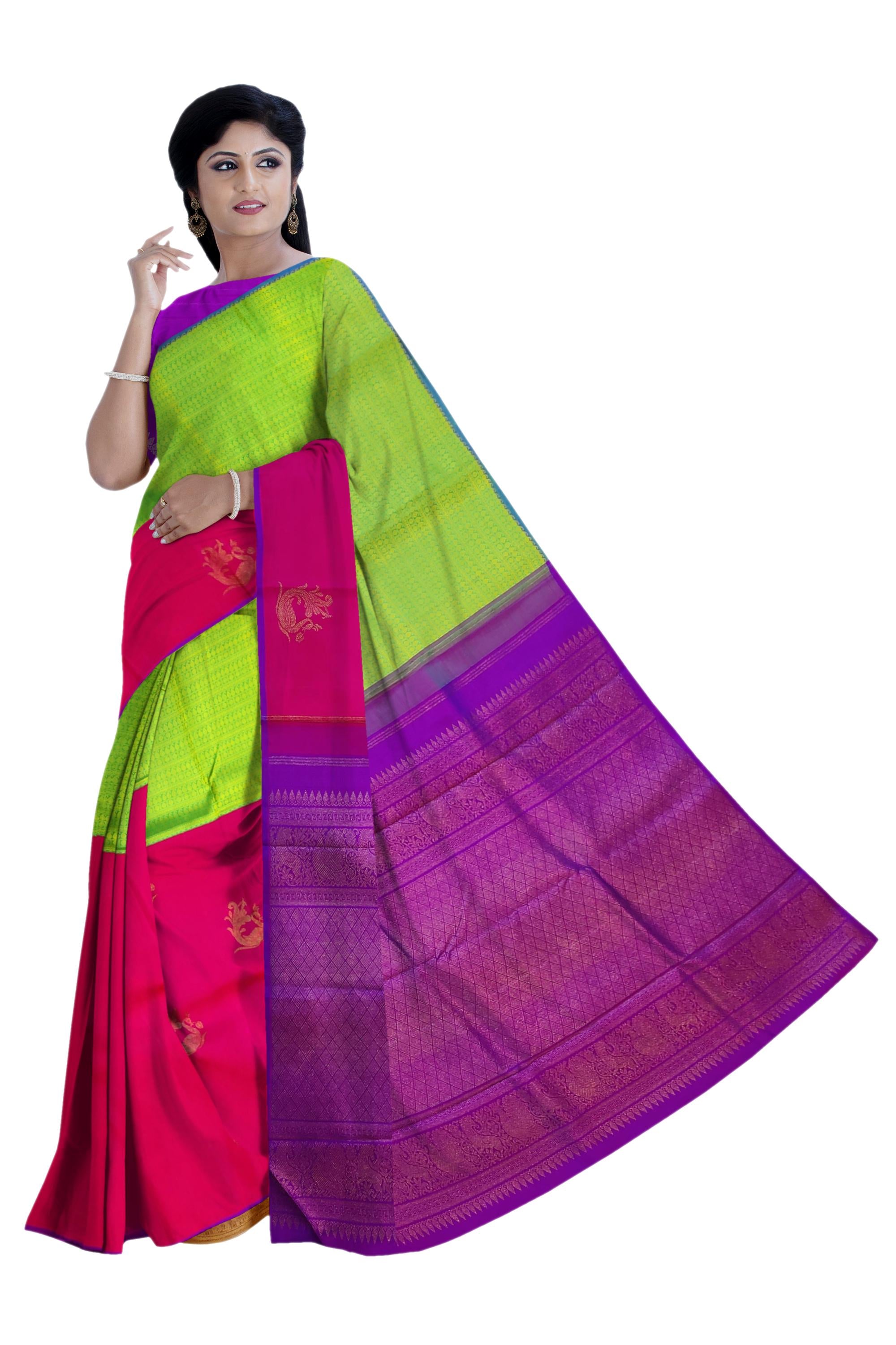 17495 Pure Silk 6.20 mtrs, Half and Half, Parrot Green with Pink with Blouse