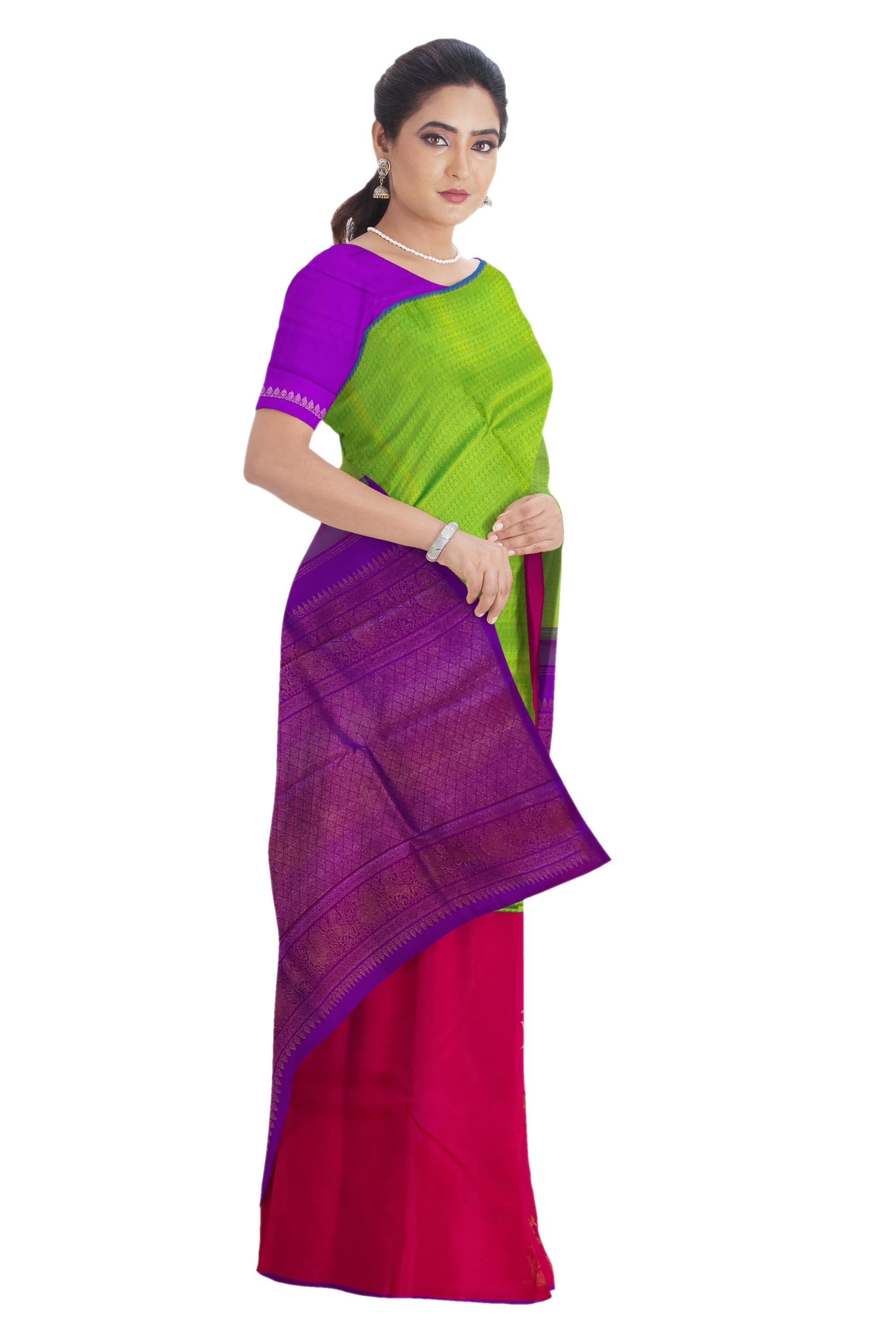 17495 Pure Silk 6.20 mtrs, Half and Half, Parrot Green with Pink with Blouse