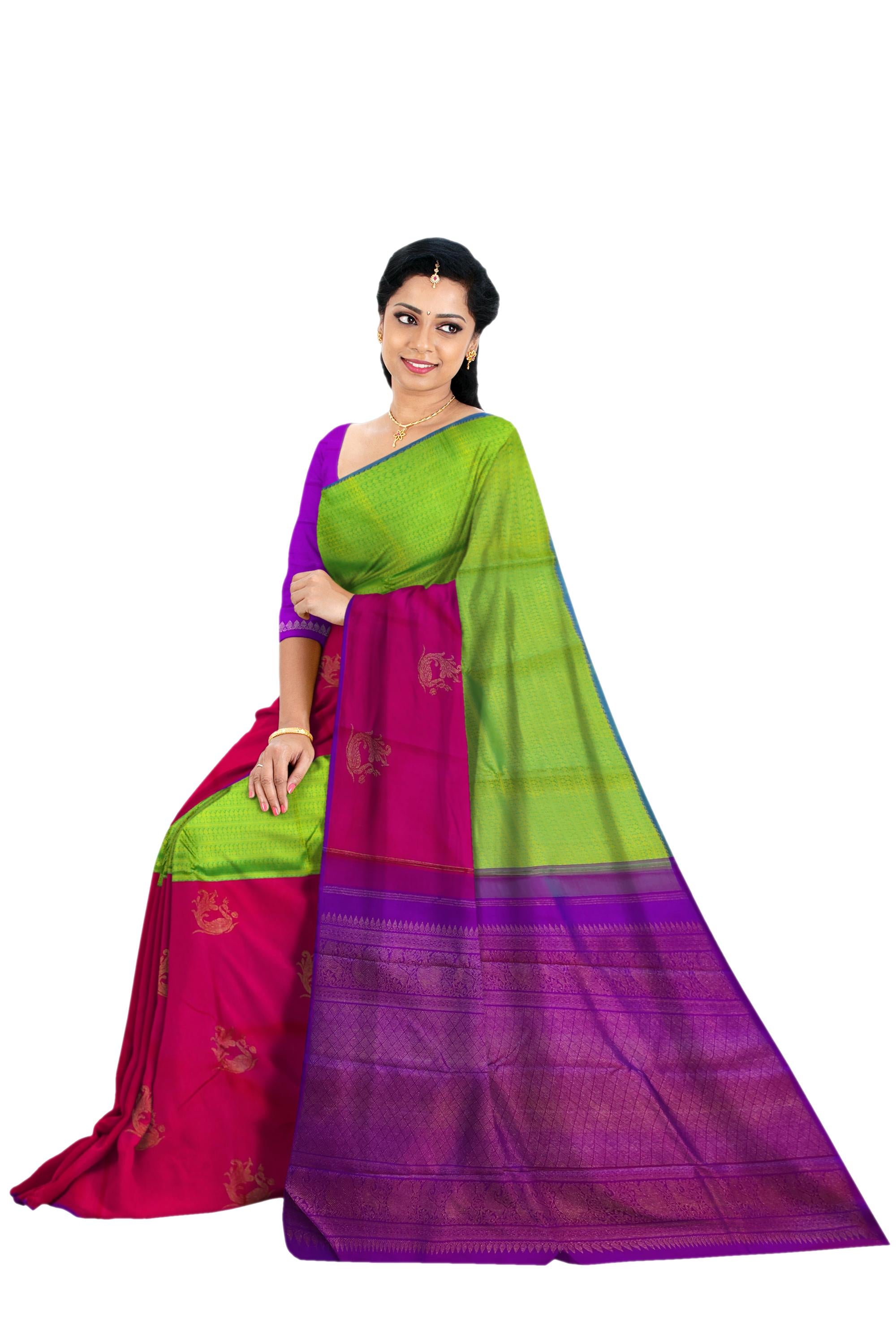 17495 Pure Silk 6.20 mtrs, Half and Half, Parrot Green with Pink with Blouse