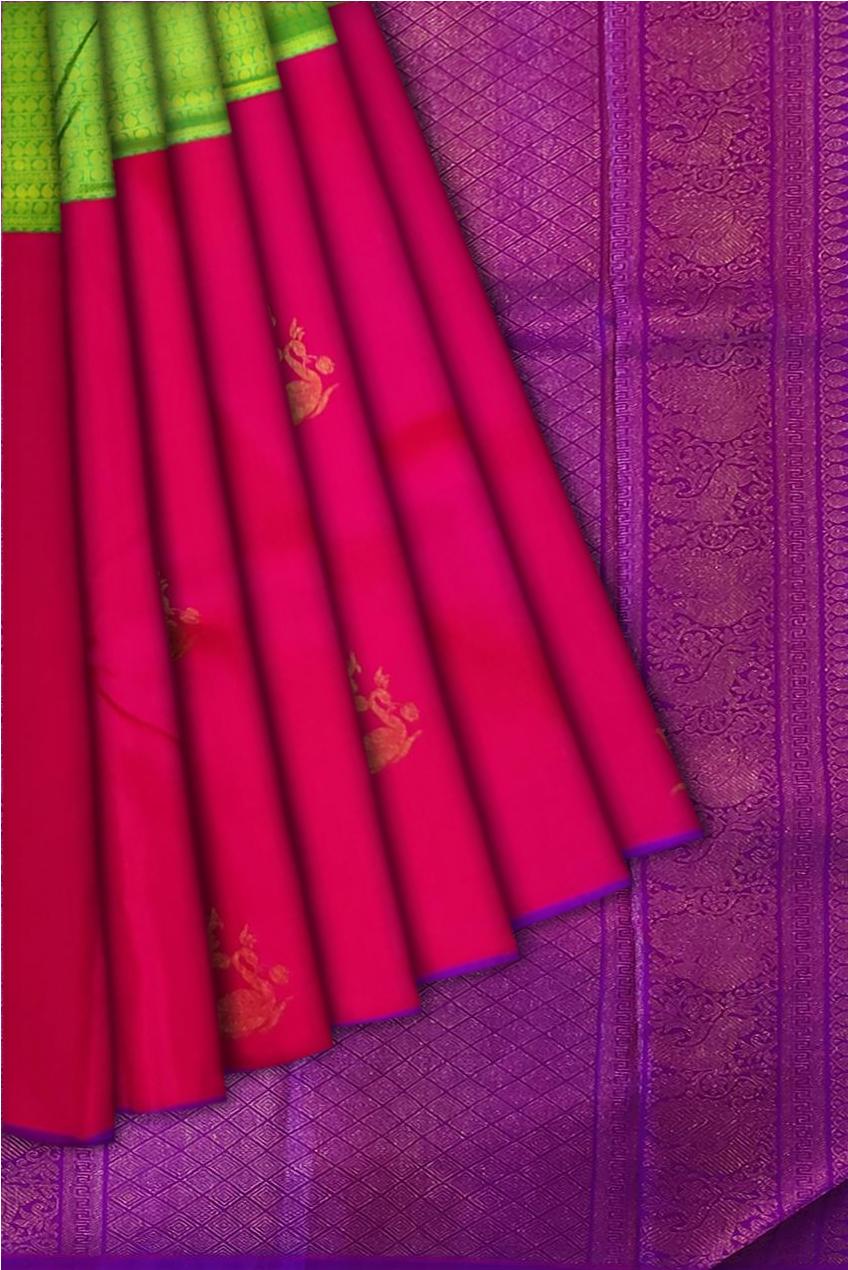 17495 Pure Silk 6.20 mtrs, Half and Half, Parrot Green with Pink with Blouse