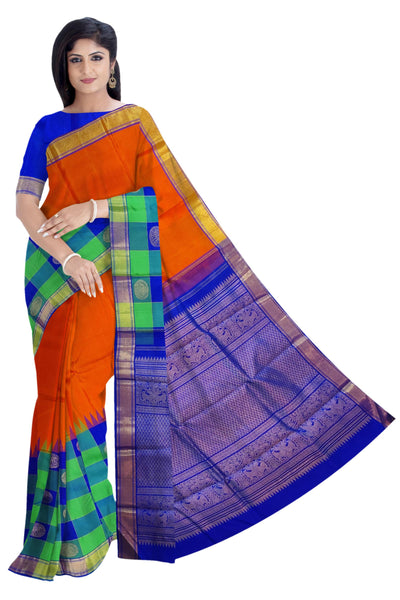 36181 Pure Silk 6.20 mtrs, 10 inch Border with multi color checks, Orange Body with Blouse