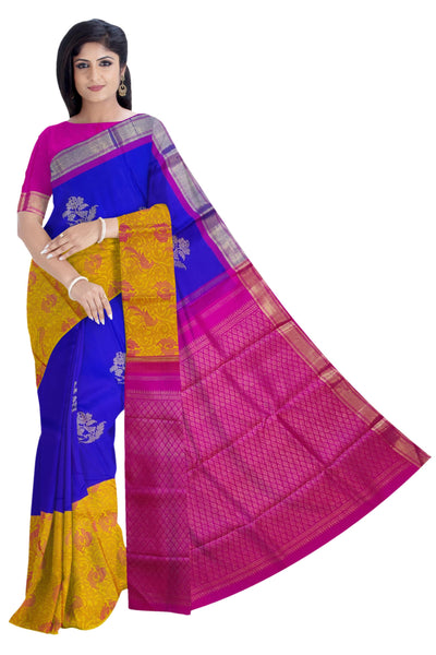 36184 Pure Silk 6.20 mtrs, 10 inch Emboss Mustard-Arakku Border with Blue Body with Blouse