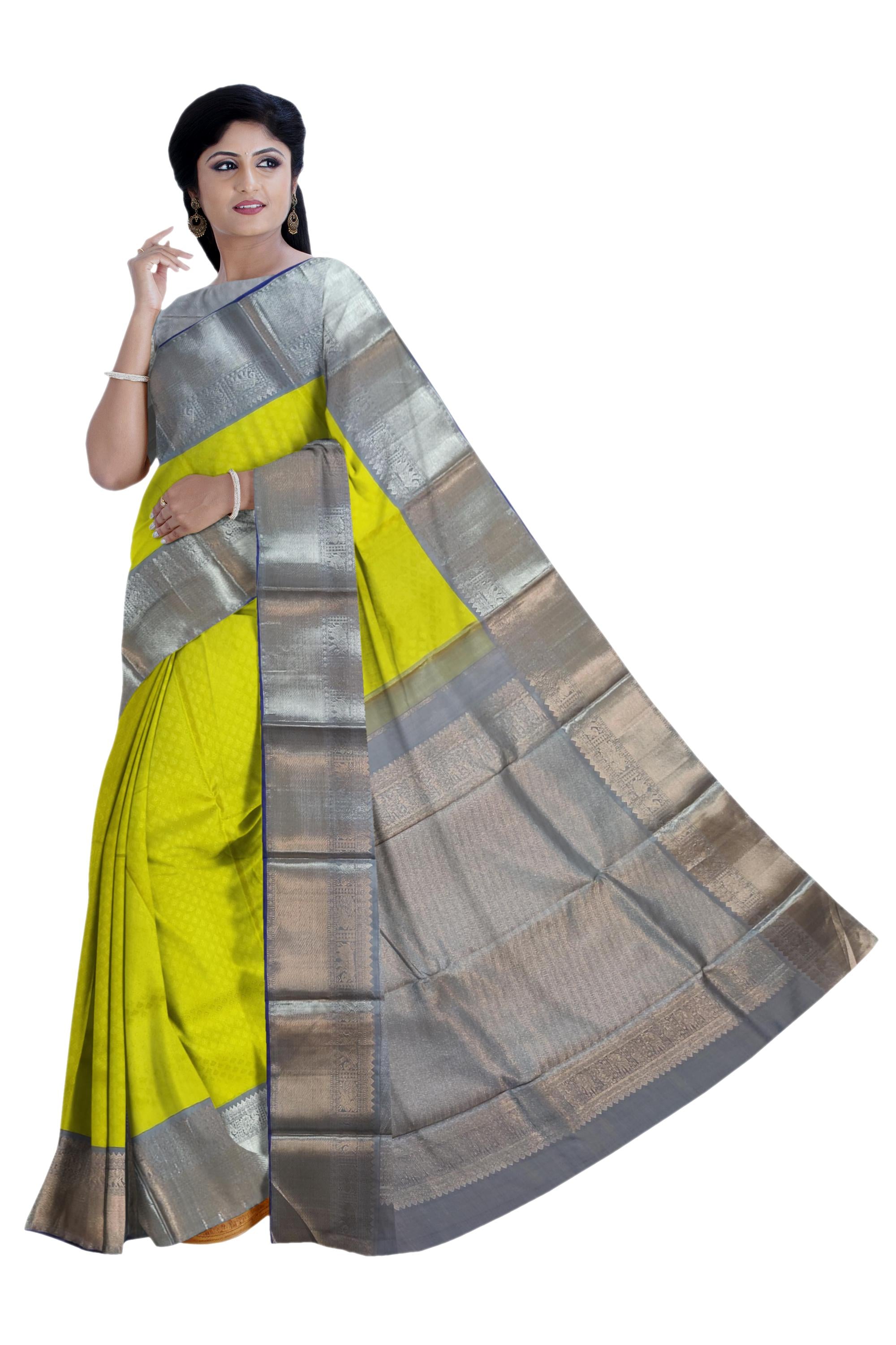 36292 Pure Silk 6.20 mtrs, Grey Border with Silver Jari with Lemon Yellow Body with Blouse