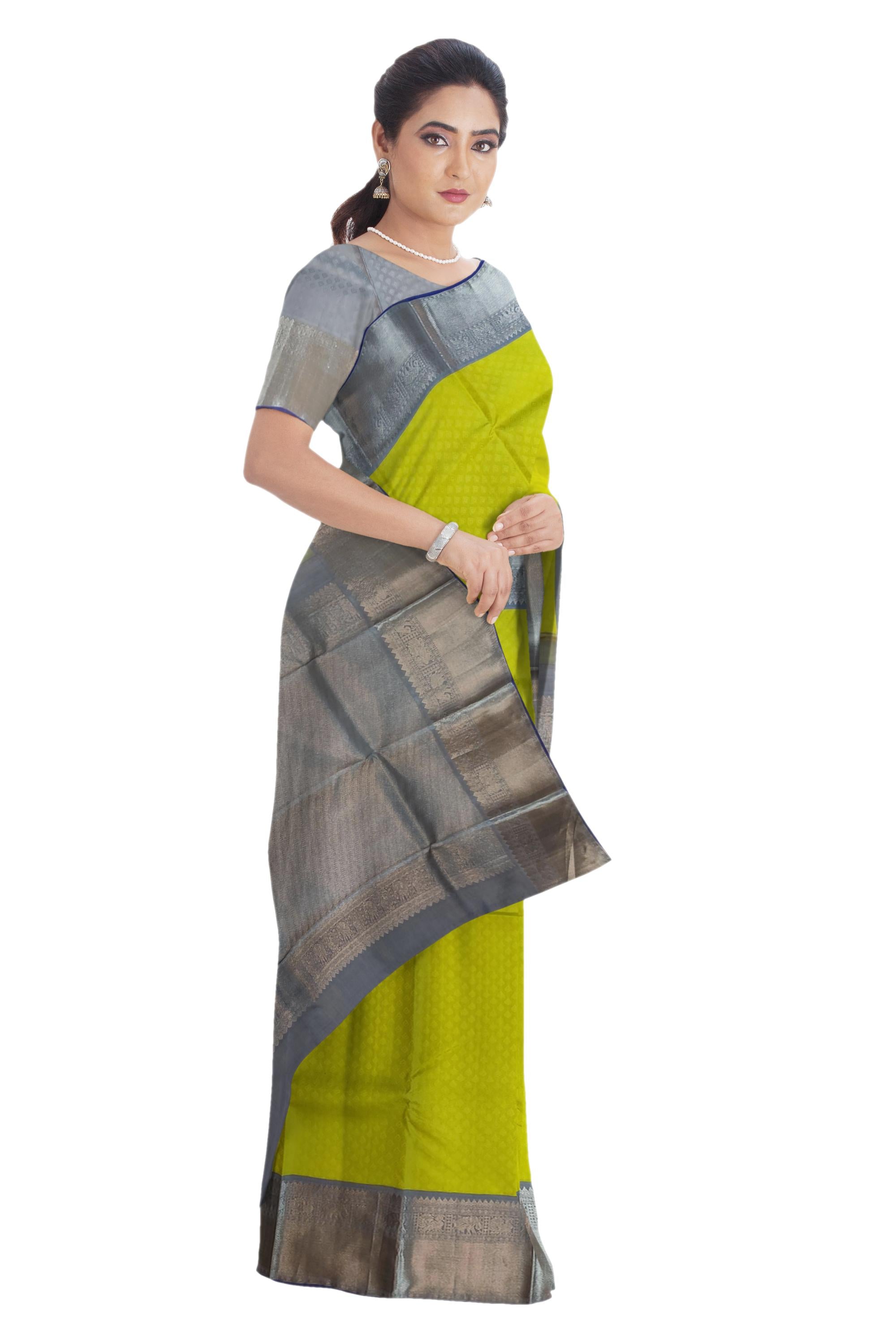 36292 Pure Silk 6.20 mtrs, Grey Border with Silver Jari with Lemon Yellow Body with Blouse