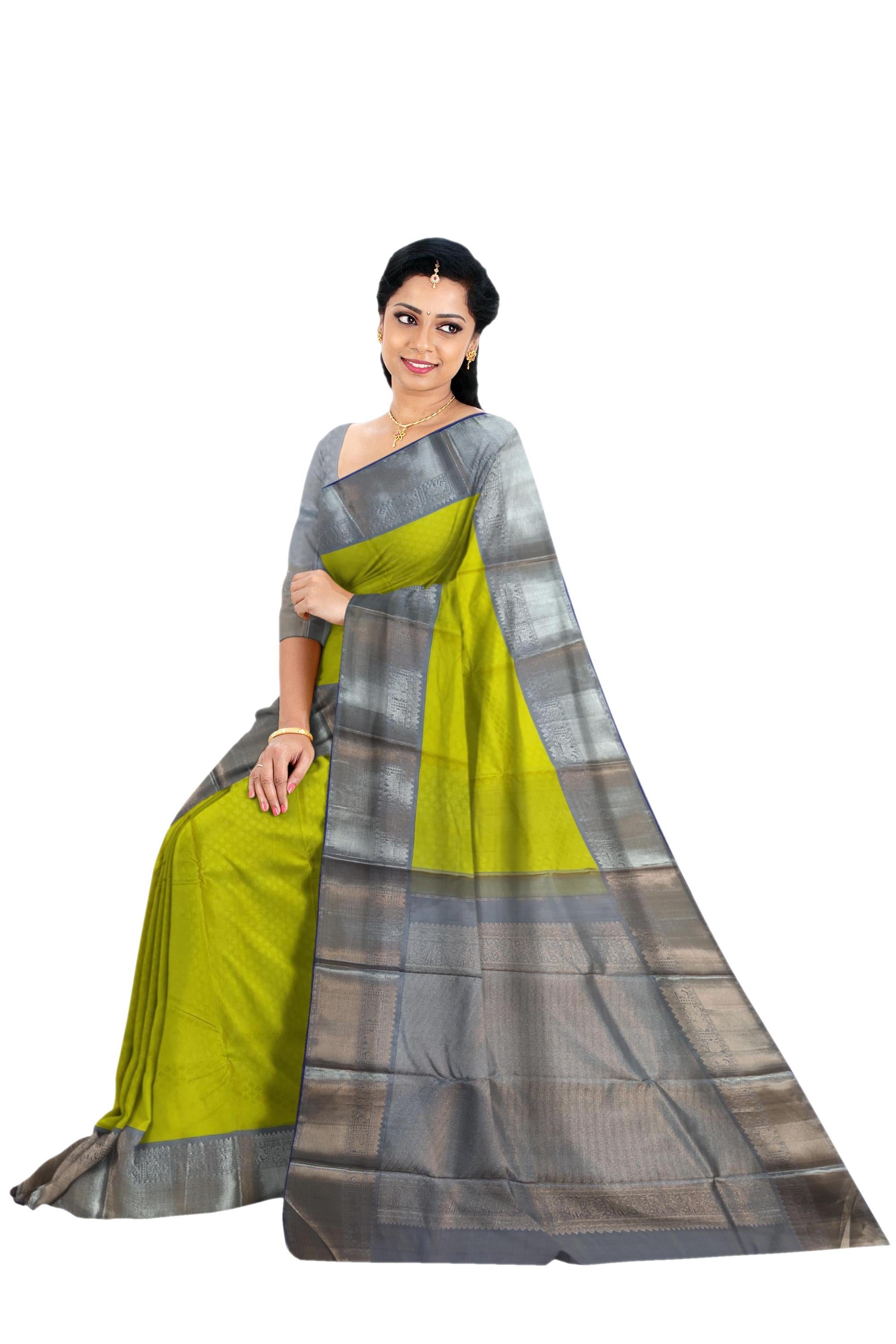 36292 Pure Silk 6.20 mtrs, Grey Border with Silver Jari with Lemon Yellow Body with Blouse