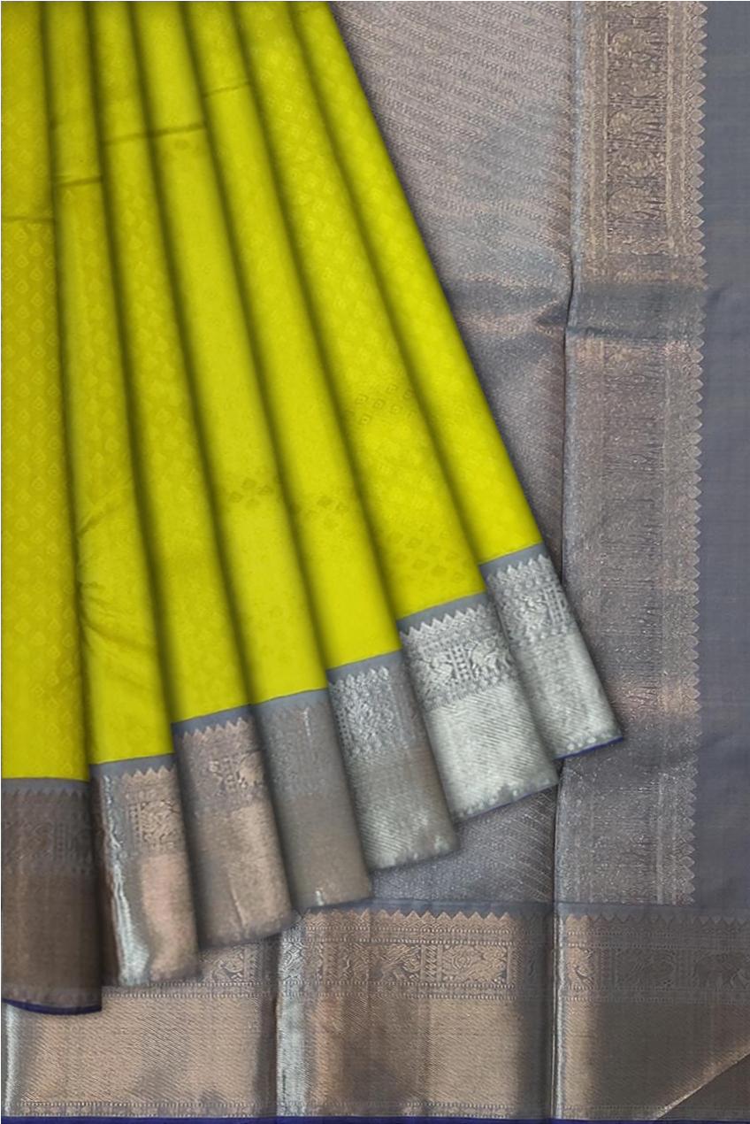 36292 Pure Silk 6.20 mtrs, Grey Border with Silver Jari with Lemon Yellow Body with Blouse