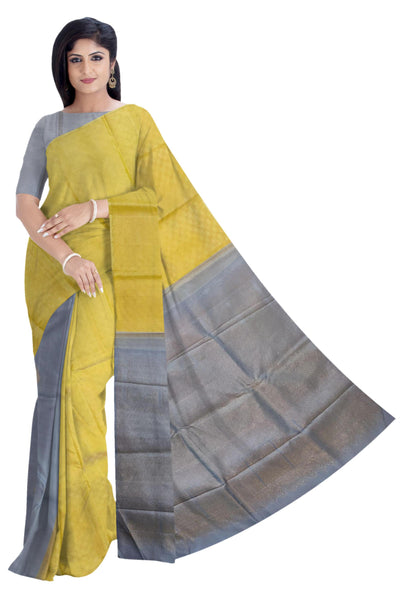 17060 Pure Silk 6.20 mtrs, Borderless Grey Partly Saree, Silk Jacquard Golden Yellow Body with Blouse