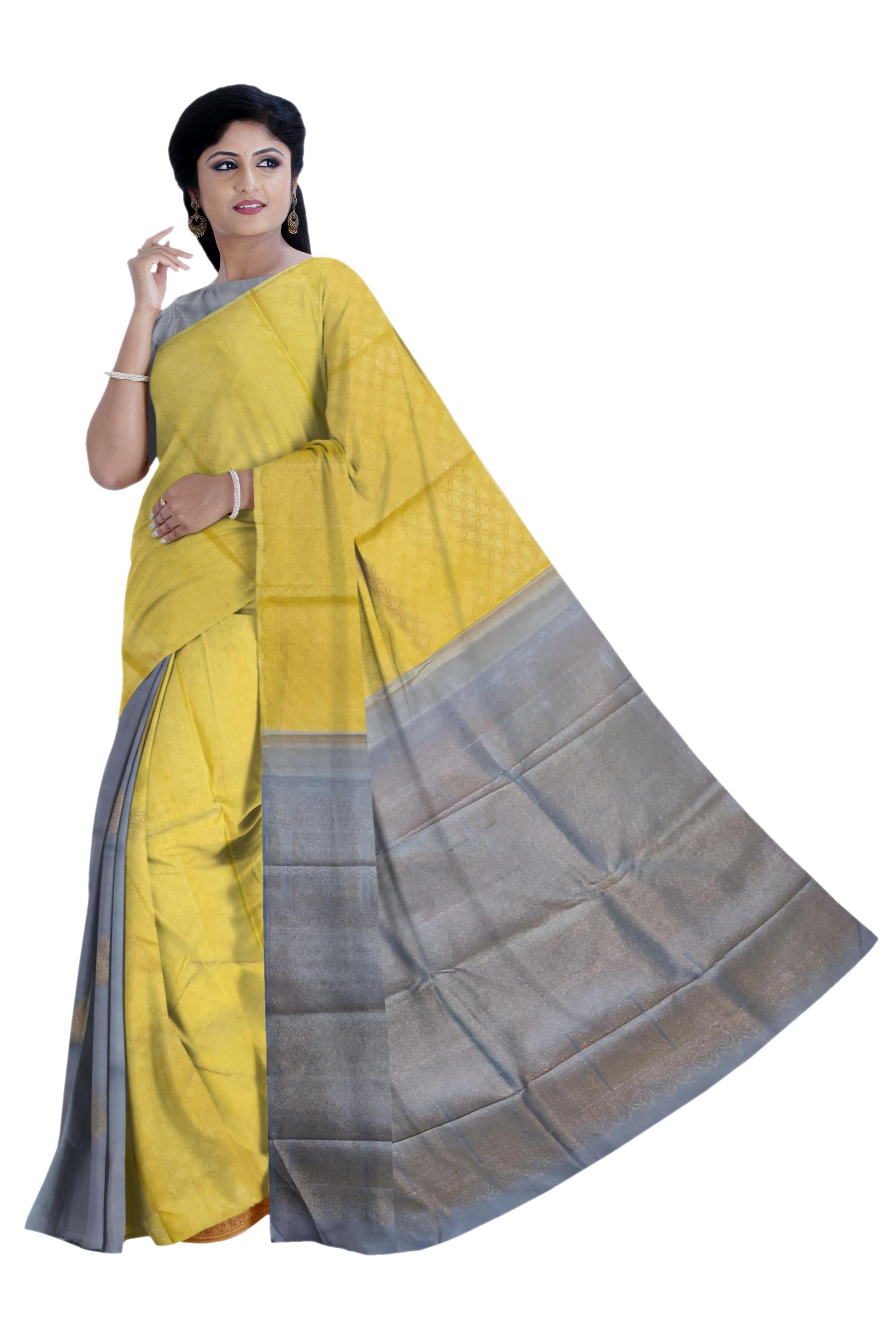 17060 Pure Silk 6.20 mtrs, Borderless Grey Partly Saree, Silk Jacquard Golden Yellow Body with Blouse