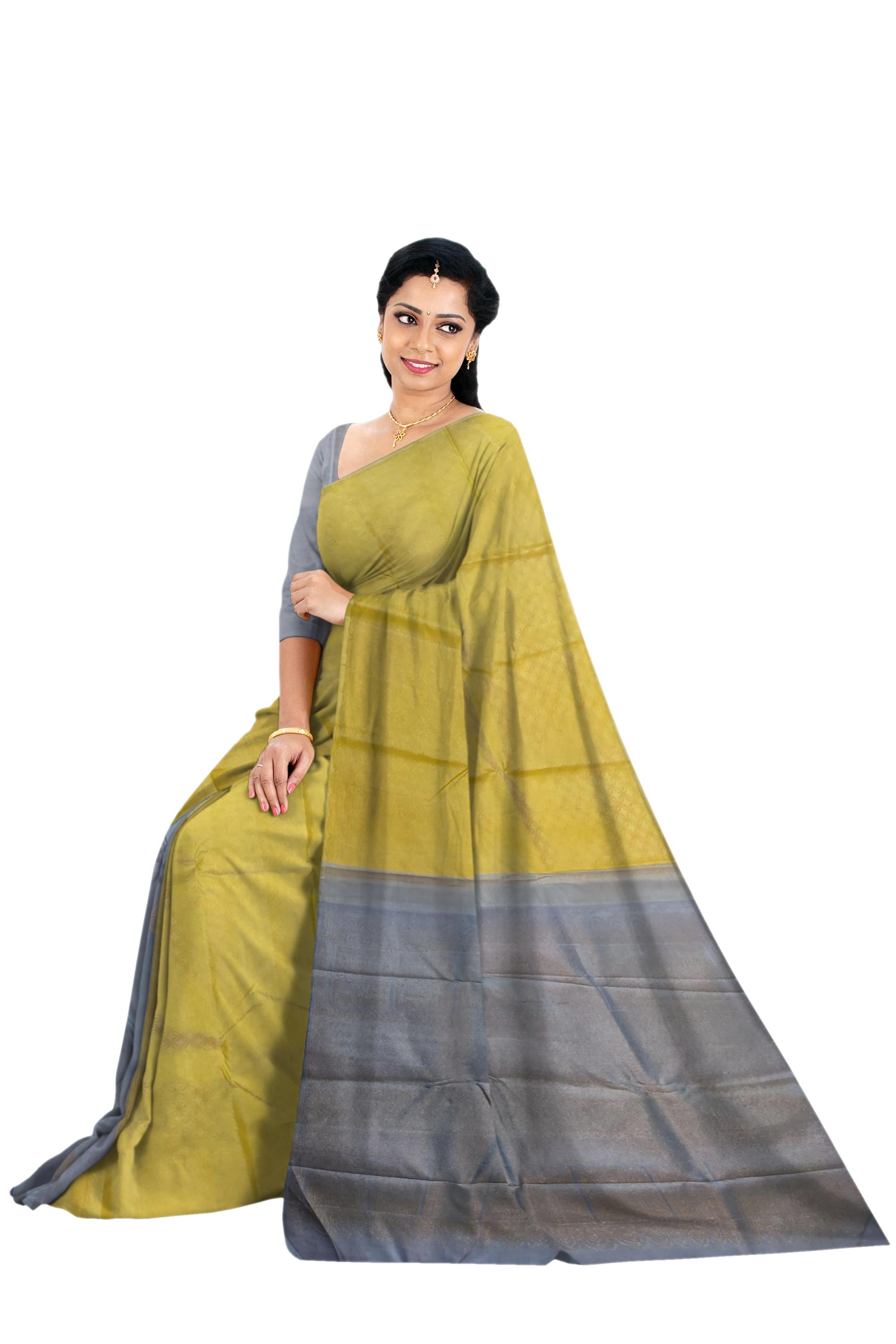 17060 Pure Silk 6.20 mtrs, Borderless Grey Partly Saree, Silk Jacquard Golden Yellow Body with Blouse