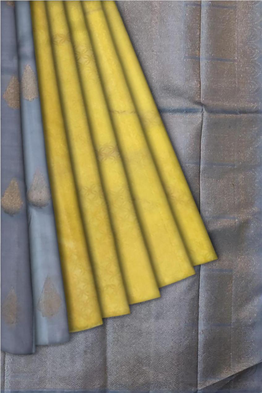 17060 Pure Silk 6.20 mtrs, Borderless Grey Partly Saree, Silk Jacquard Golden Yellow Body with Blouse