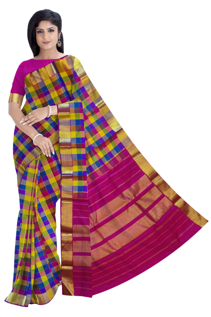 36278 Pure Silk 6.20 mtrs, Multi color Checks Body with Self Zari Border with Blouse
