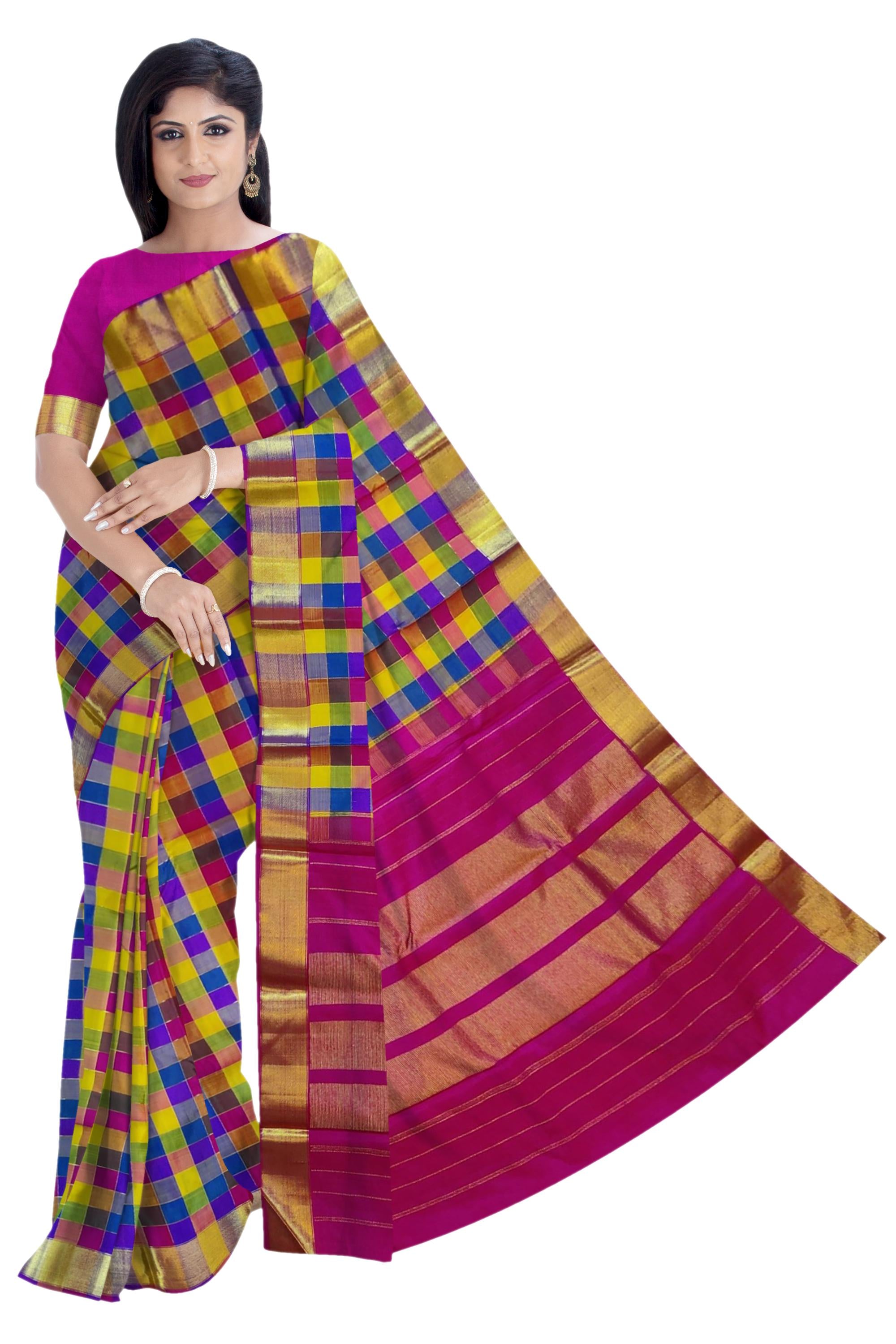 36278 Pure Silk 6.20 mtrs, Multi color Checks Body with Self Zari Border with Blouse