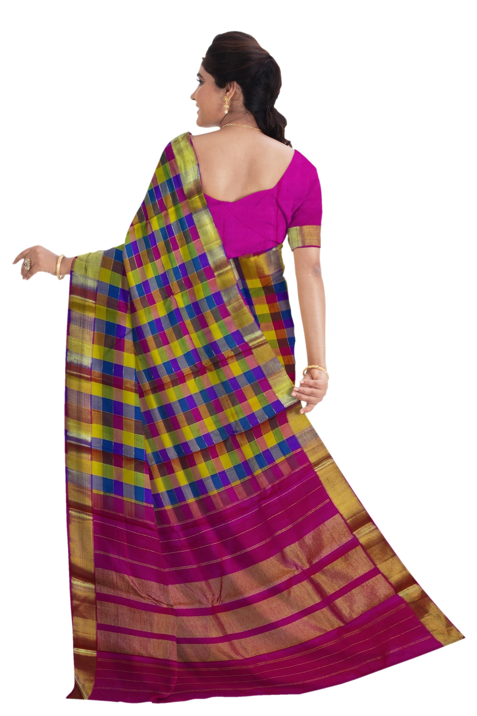 36278 Pure Silk 6.20 mtrs, Multi color Checks Body with Self Zari Border with Blouse