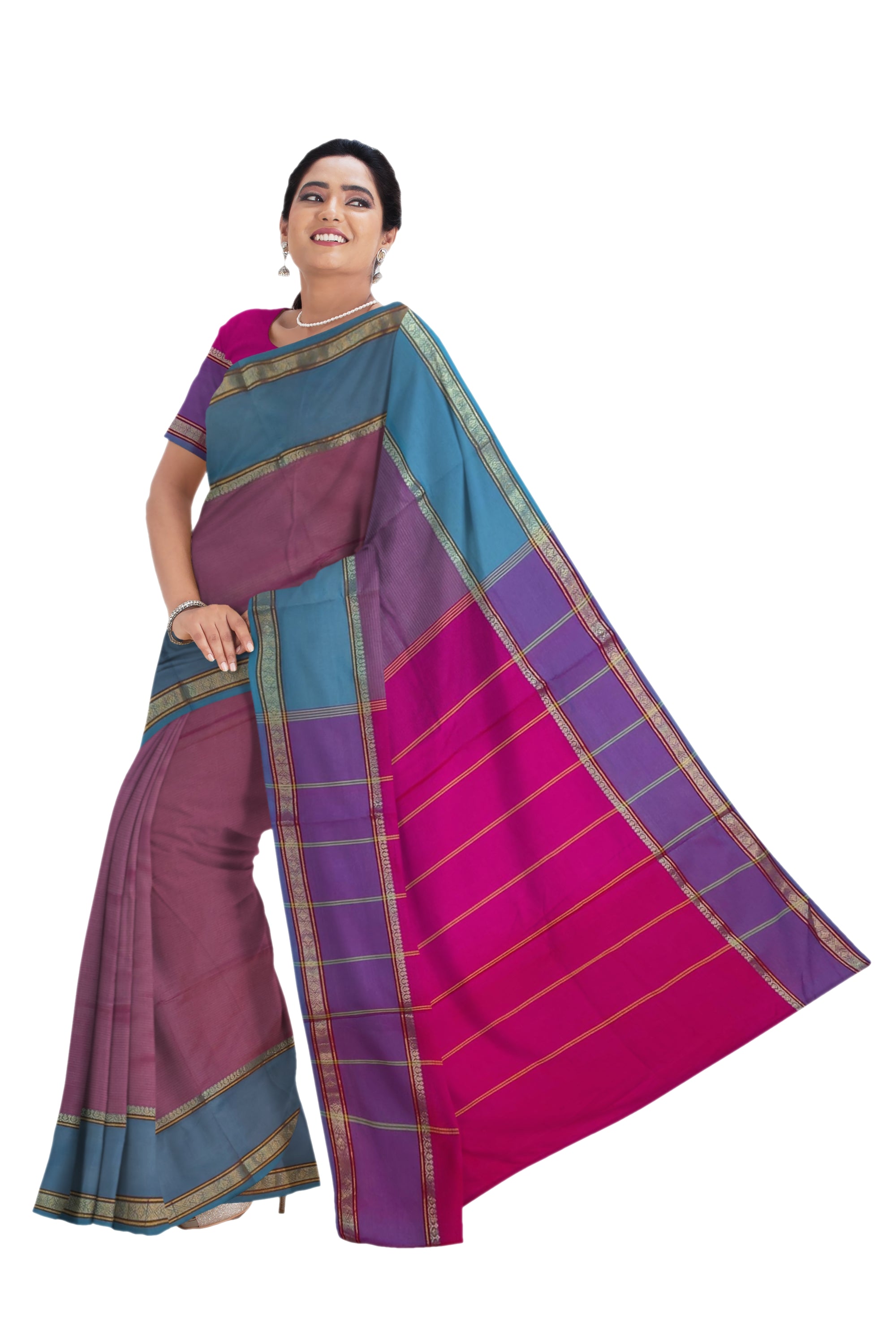 6201 Polycotton Saree Fancy Border,Pink Pallu with Blue Body with Blouse