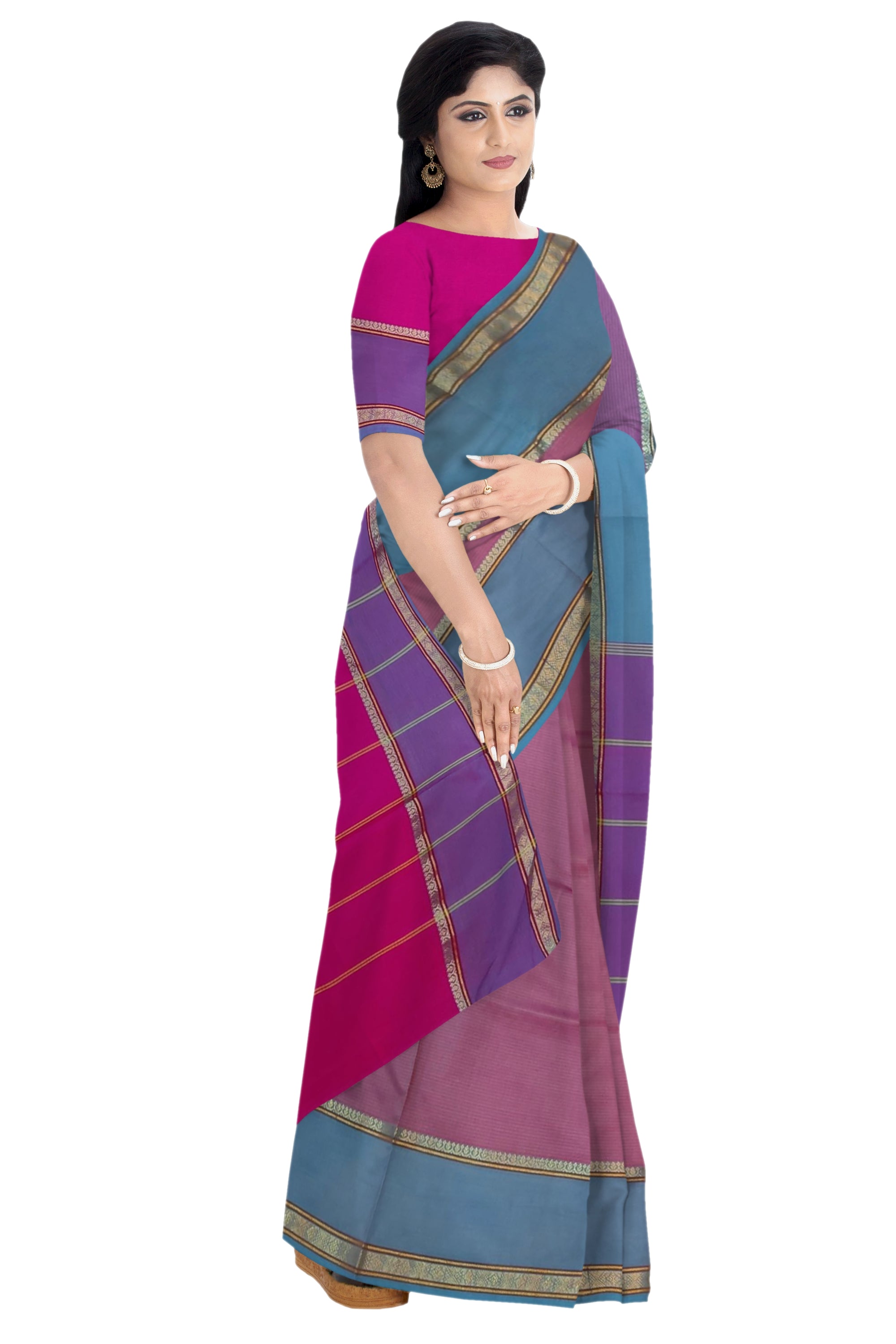 6201 Polycotton Saree Fancy Border,Pink Pallu with Blue Body with Blouse