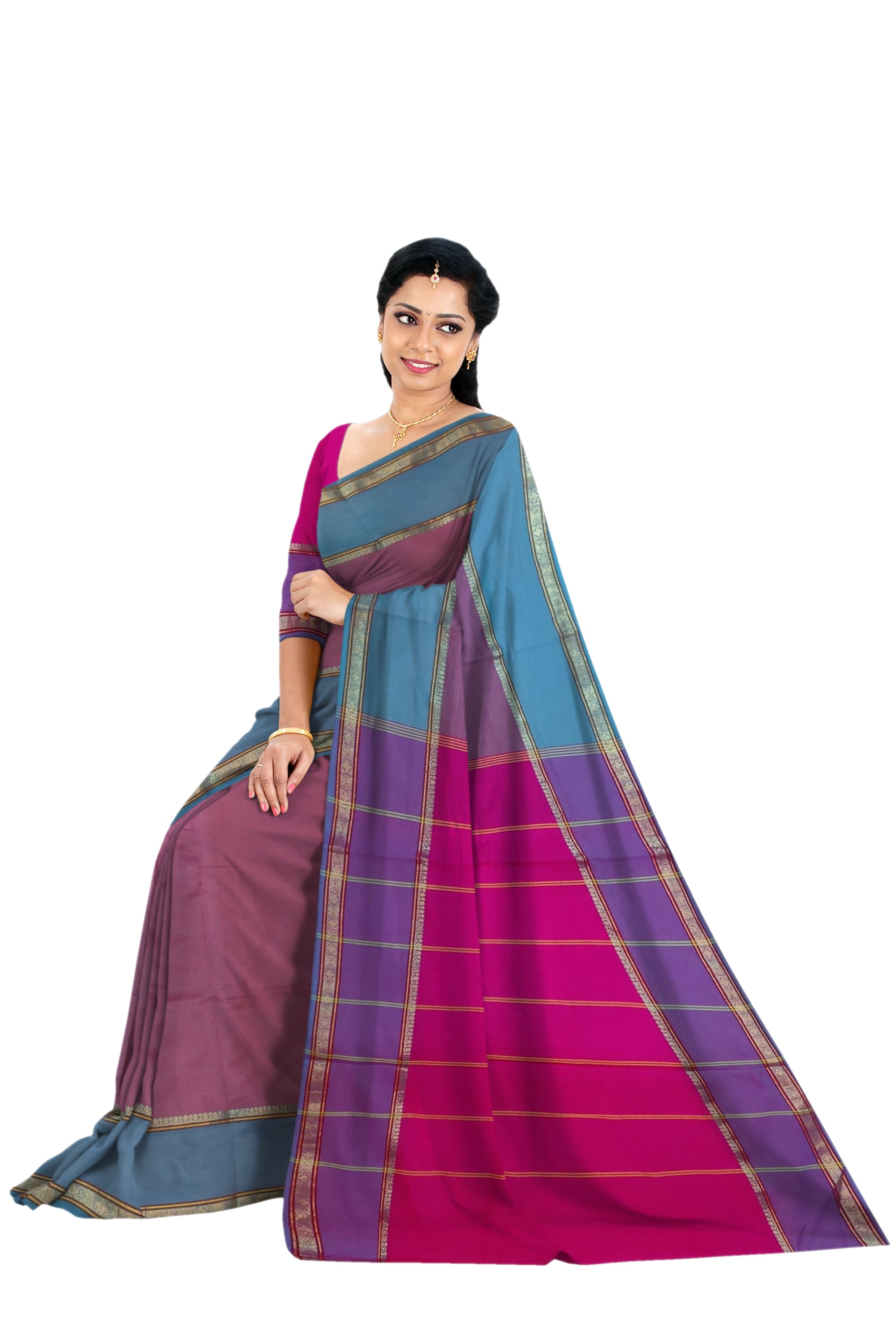 6201 Polycotton Saree Fancy Border,Pink Pallu with Blue Body with Blouse