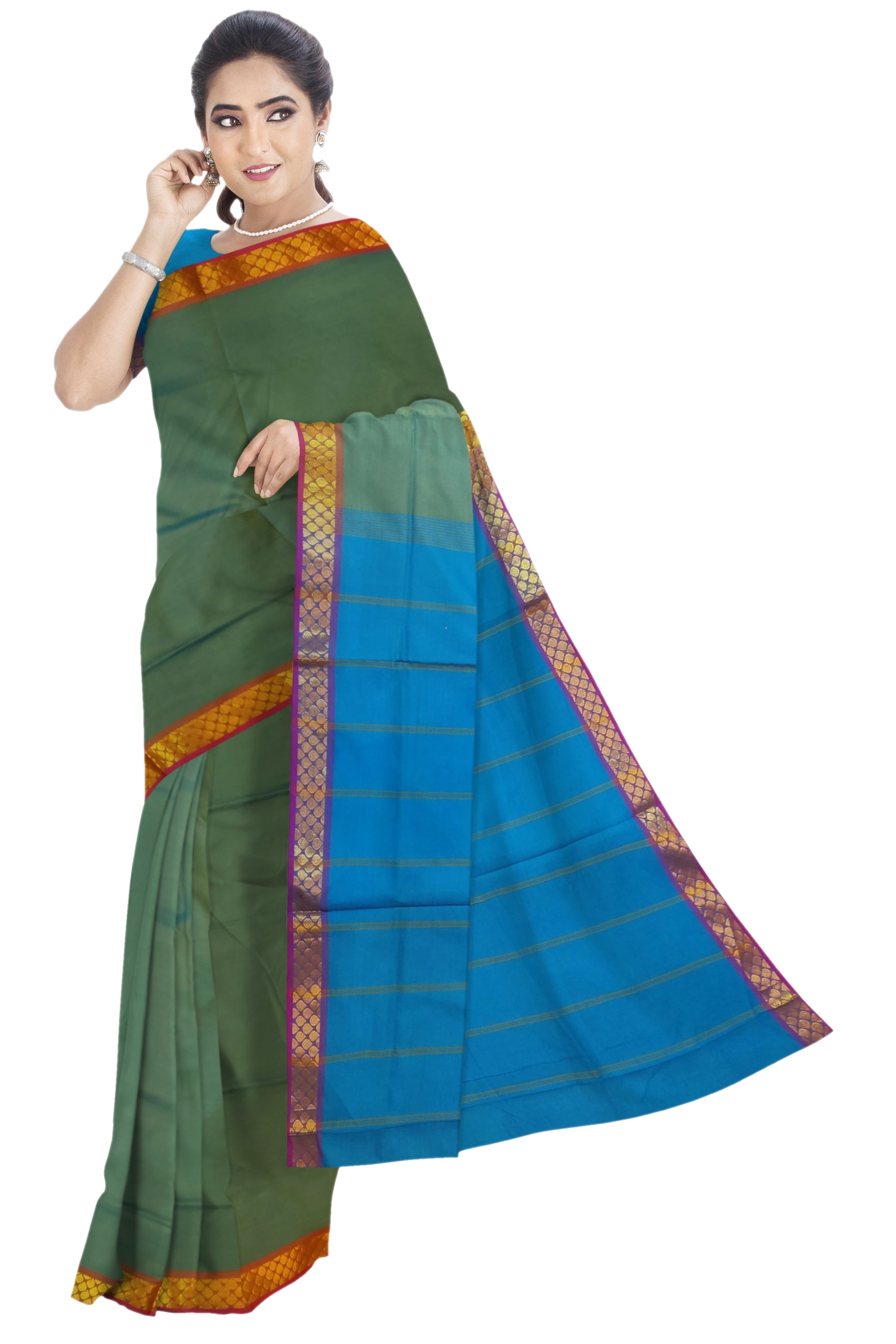 6213 Polycotton Saree Getti Border, Copper sulphate Pallu with Green Mix Colour Body with Blouse