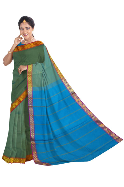 6213 Polycotton Saree Getti Border, Copper sulphate Pallu with Green Mix Colour Body with Blouse