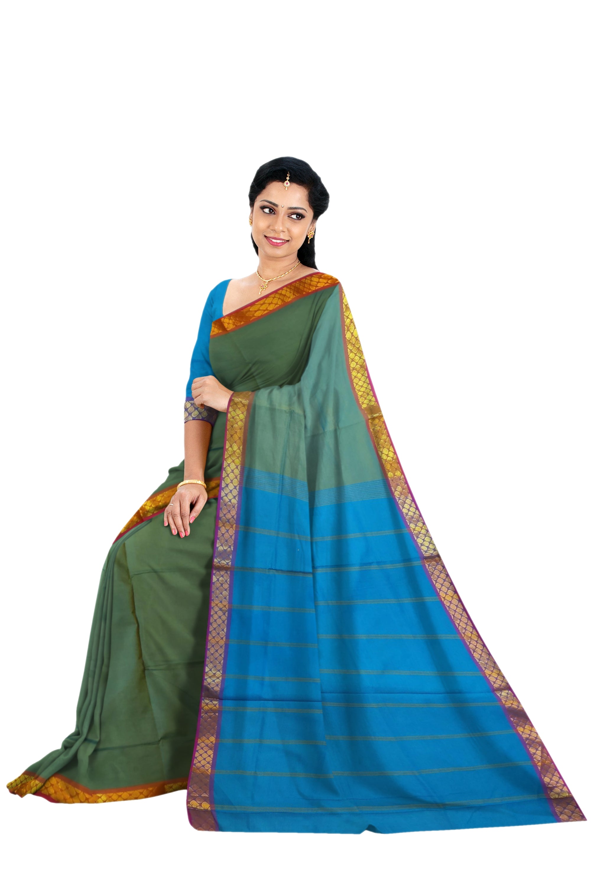 6213 Polycotton Saree Getti Border, Copper sulphate Pallu with Green Mix Colour Body with Blouse