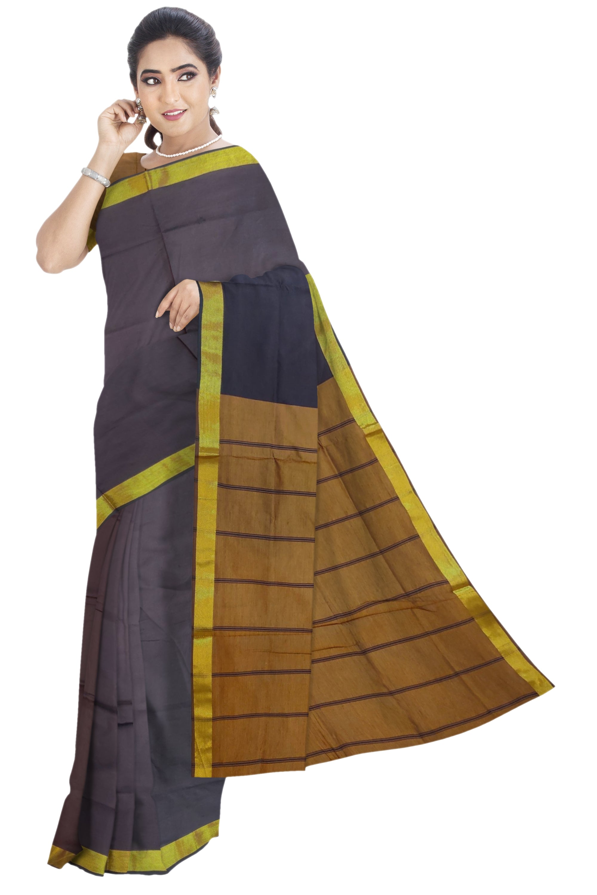 6214 Polycotton Saree Getti Bavans Border,Mustard Pallu with Brown Body with Blouse