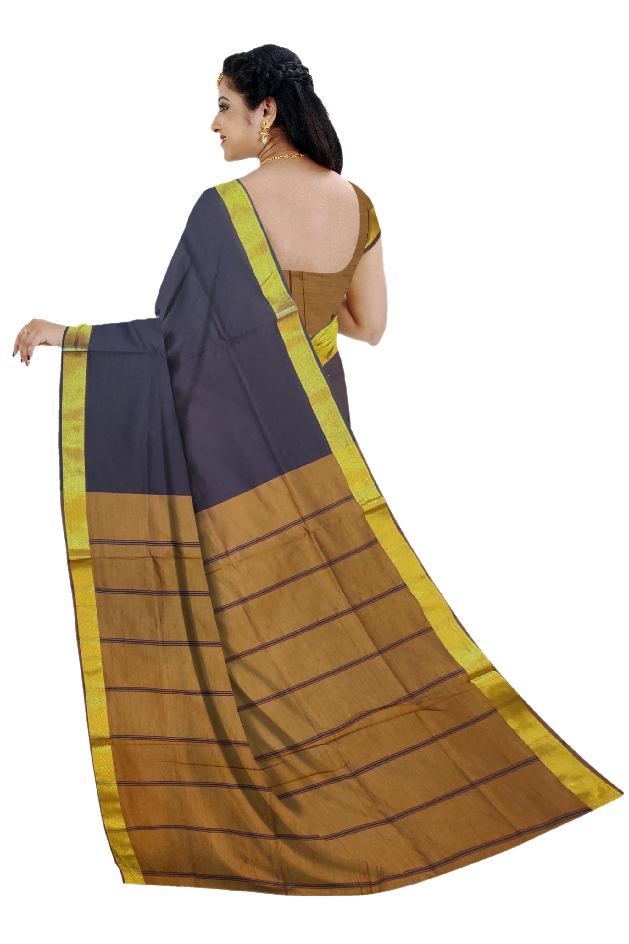 6214 Polycotton Saree Getti Bavans Border,Mustard Pallu with Brown Body with Blouse