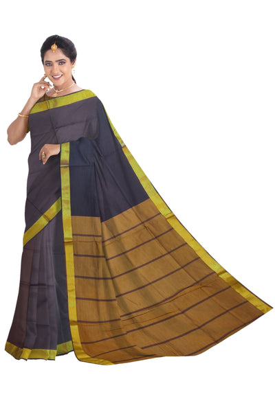 6214 Polycotton Saree Getti Bavans Border,Mustard Pallu with Brown Body with Blouse