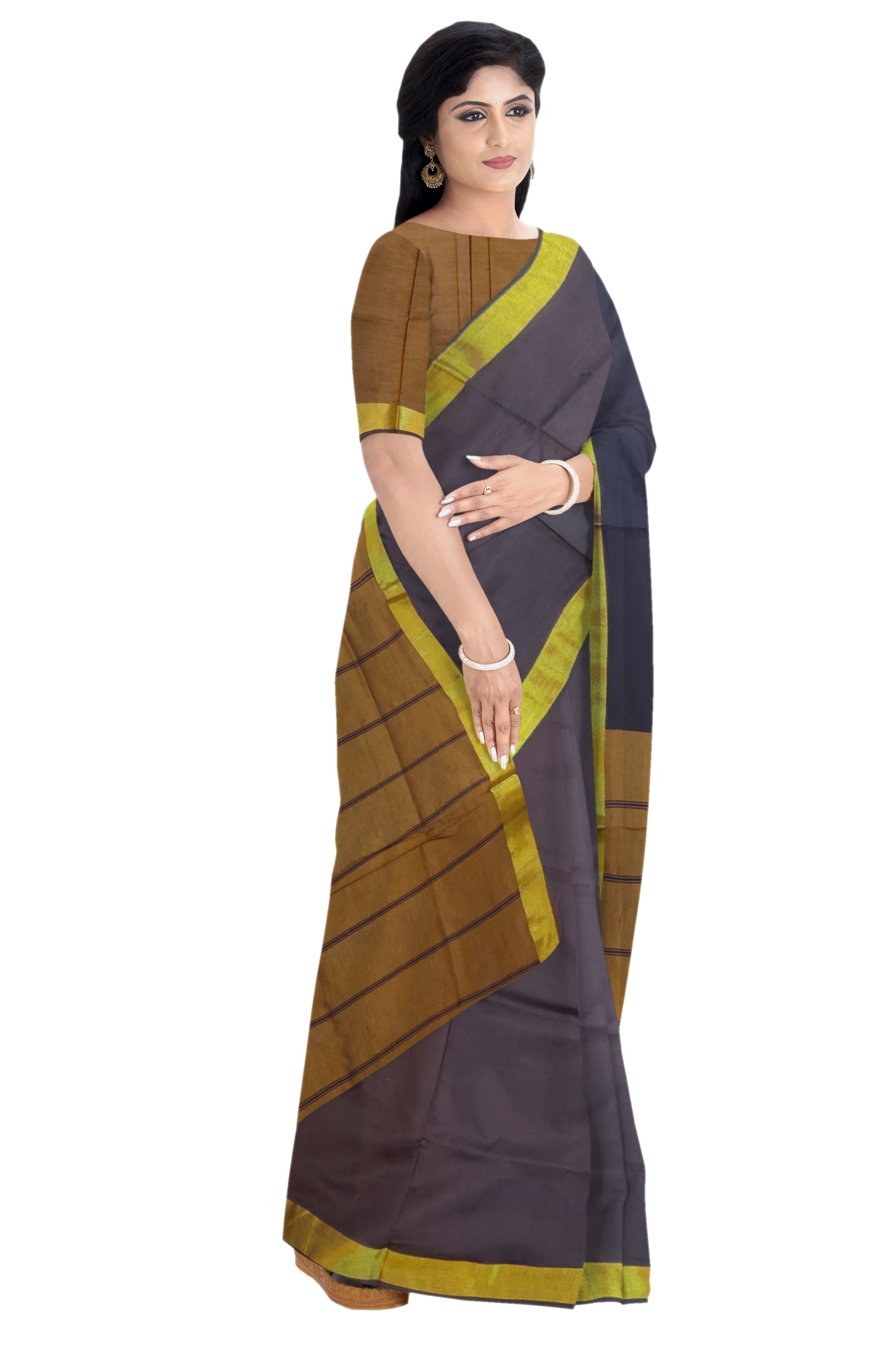 6214 Polycotton Saree Getti Bavans Border,Mustard Pallu with Brown Body with Blouse