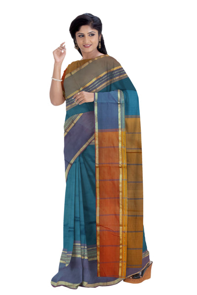 6207 Polycotton Saree Fancy Border, Mustard Pallu with Emerald Blue Body with Blouse