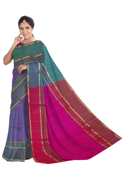 6201 Polycotton Saree Fancy Border,Pink Pallu with Blue Body with Blouse