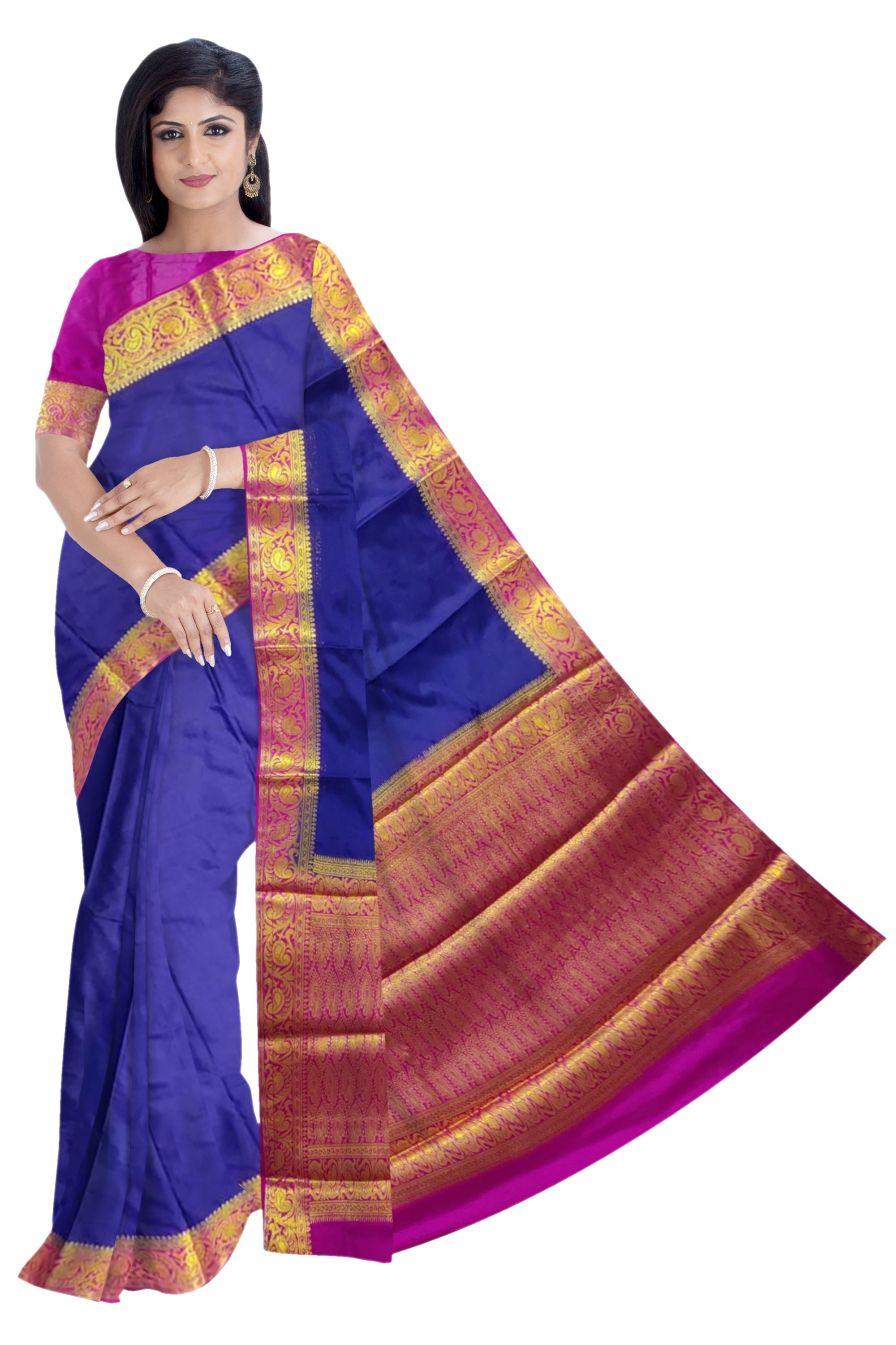 37226 Art Crepe Saree, Contrast,Rich Pallu,Navy Blue with Pink with Blouse