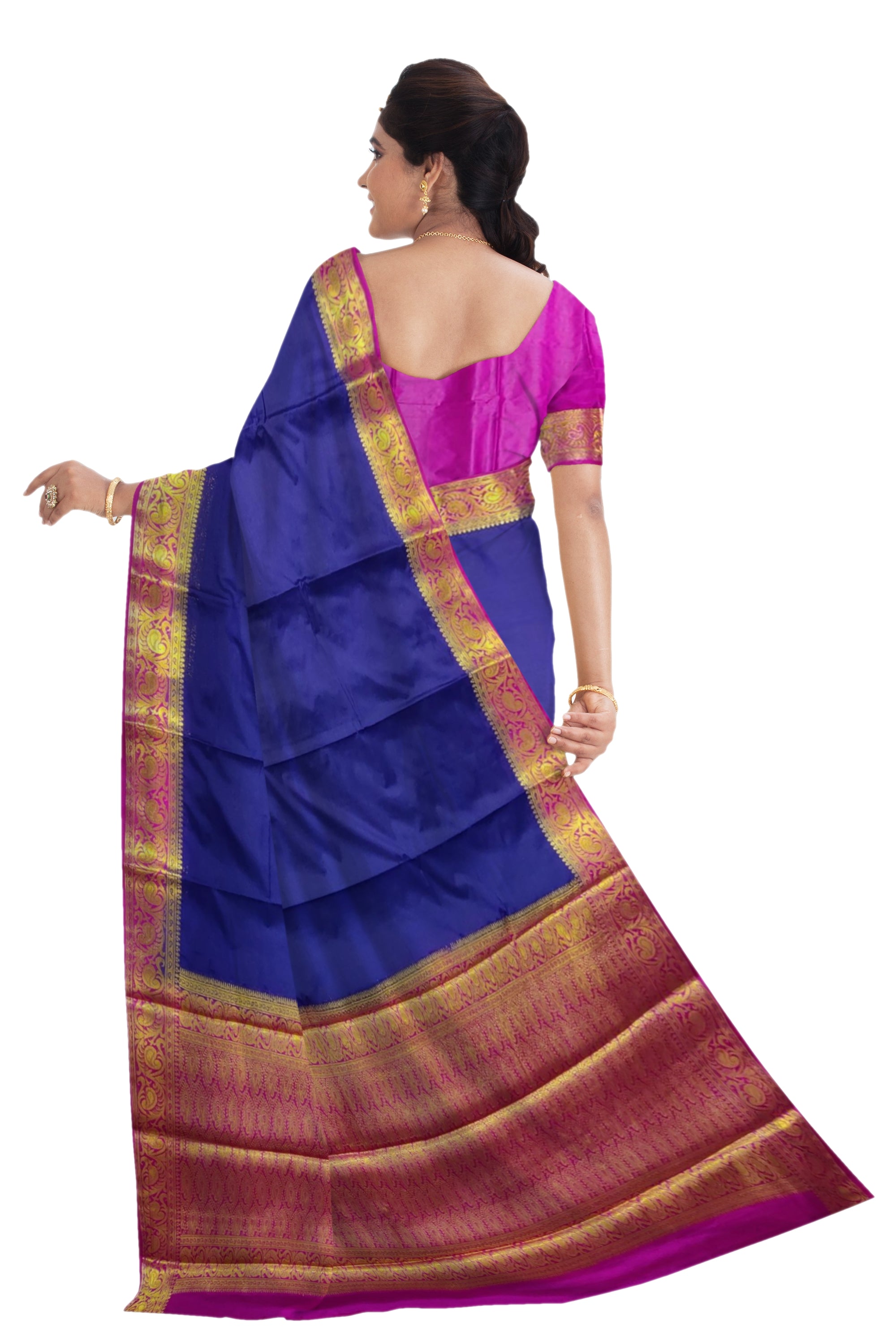 37226 Art Crepe Saree, Contrast,Rich Pallu,Navy Blue with Pink with Blouse