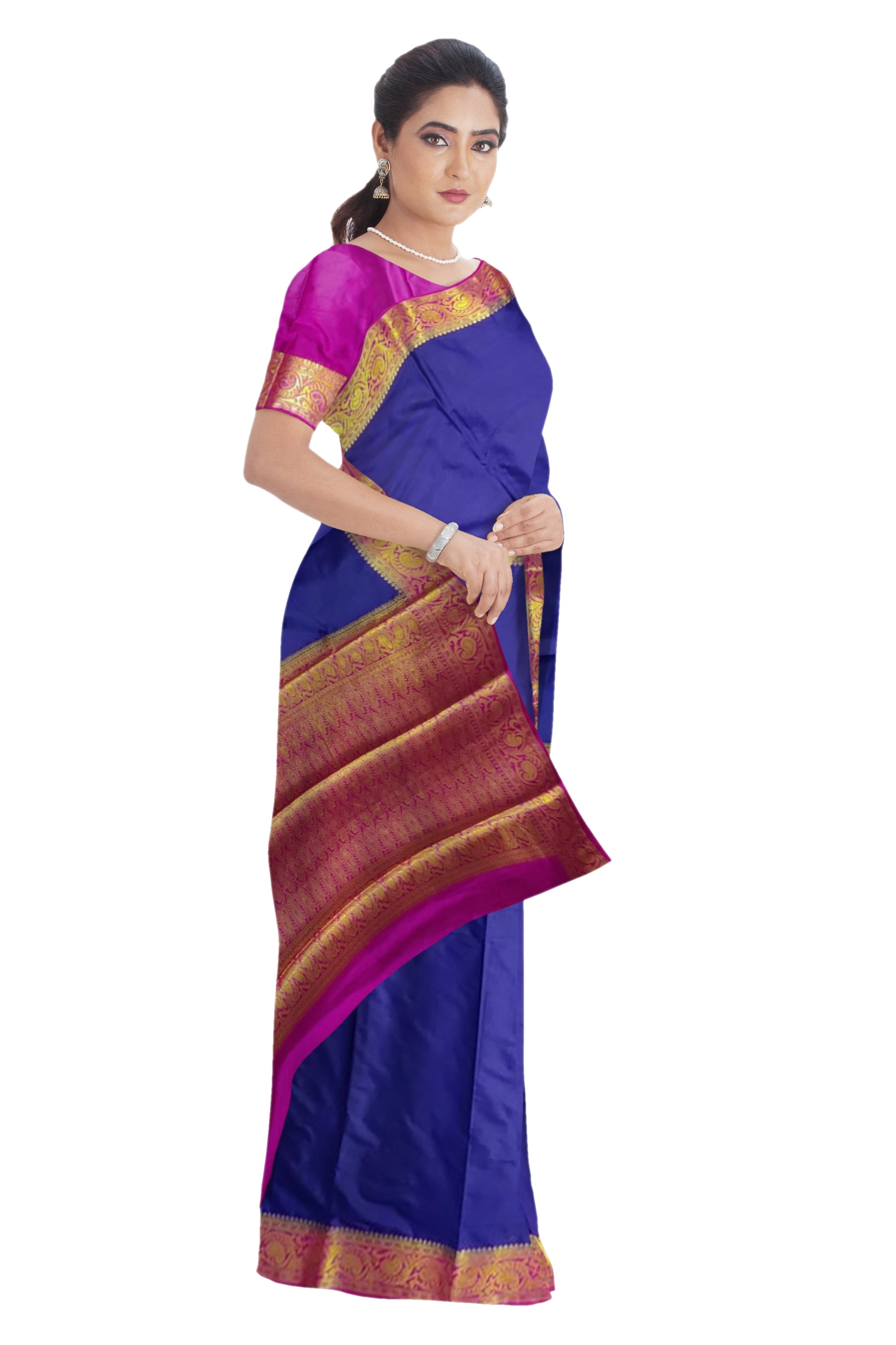 37226 Art Crepe Saree, Contrast,Rich Pallu,Navy Blue with Pink with Blouse
