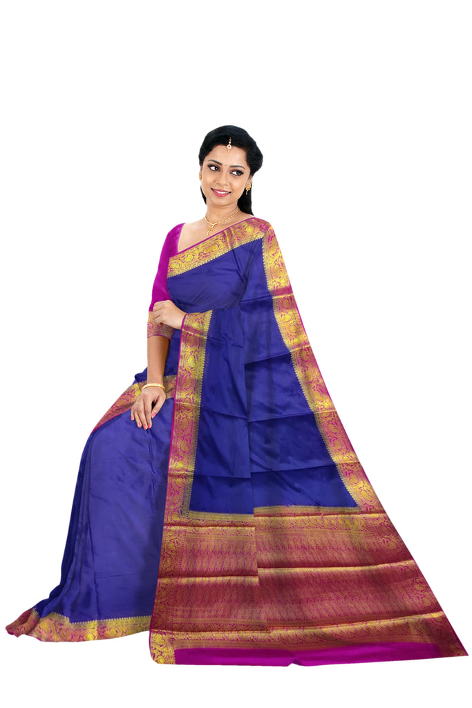 37226 Art Crepe Saree, Contrast,Rich Pallu,Navy Blue with Pink with Blouse